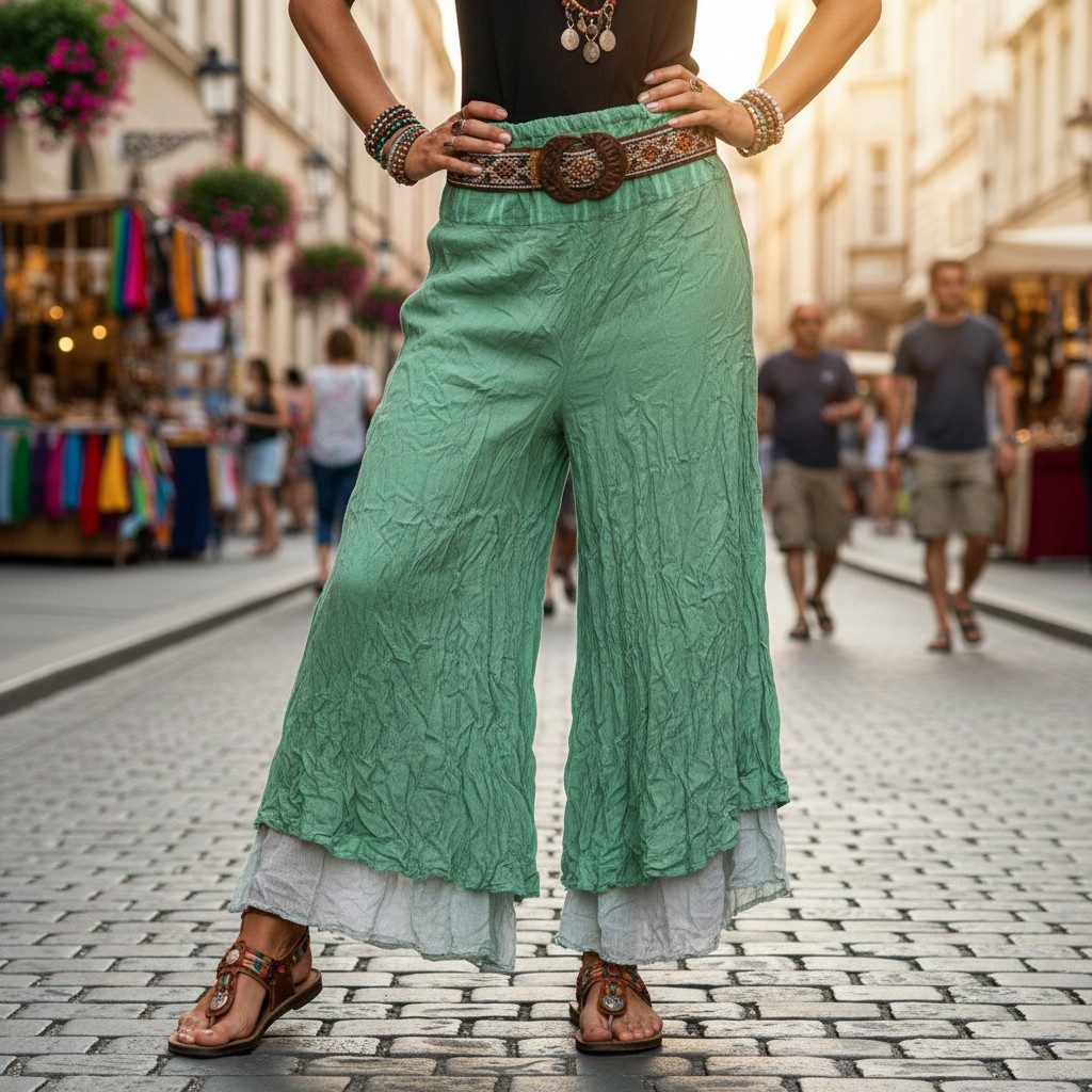 Guru-Shop Relaxhose Bequeme Palazzohose, Marlenehose im Crush-Look,.. alternative Bekleidung