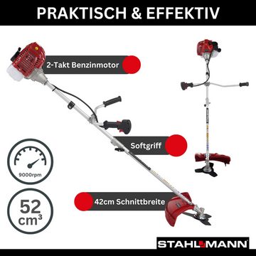 Stahlmann Benzin-Motorsense Stahlmann Freischneider Benzin MS520 – Motorsense Benzin, (Rasenkantenschneider und Rasentrimmer mit Tragegurt), mit kraftvollem 2PS Motor, 42cm Schnittbreite, 1,3 Liter 2-Takt