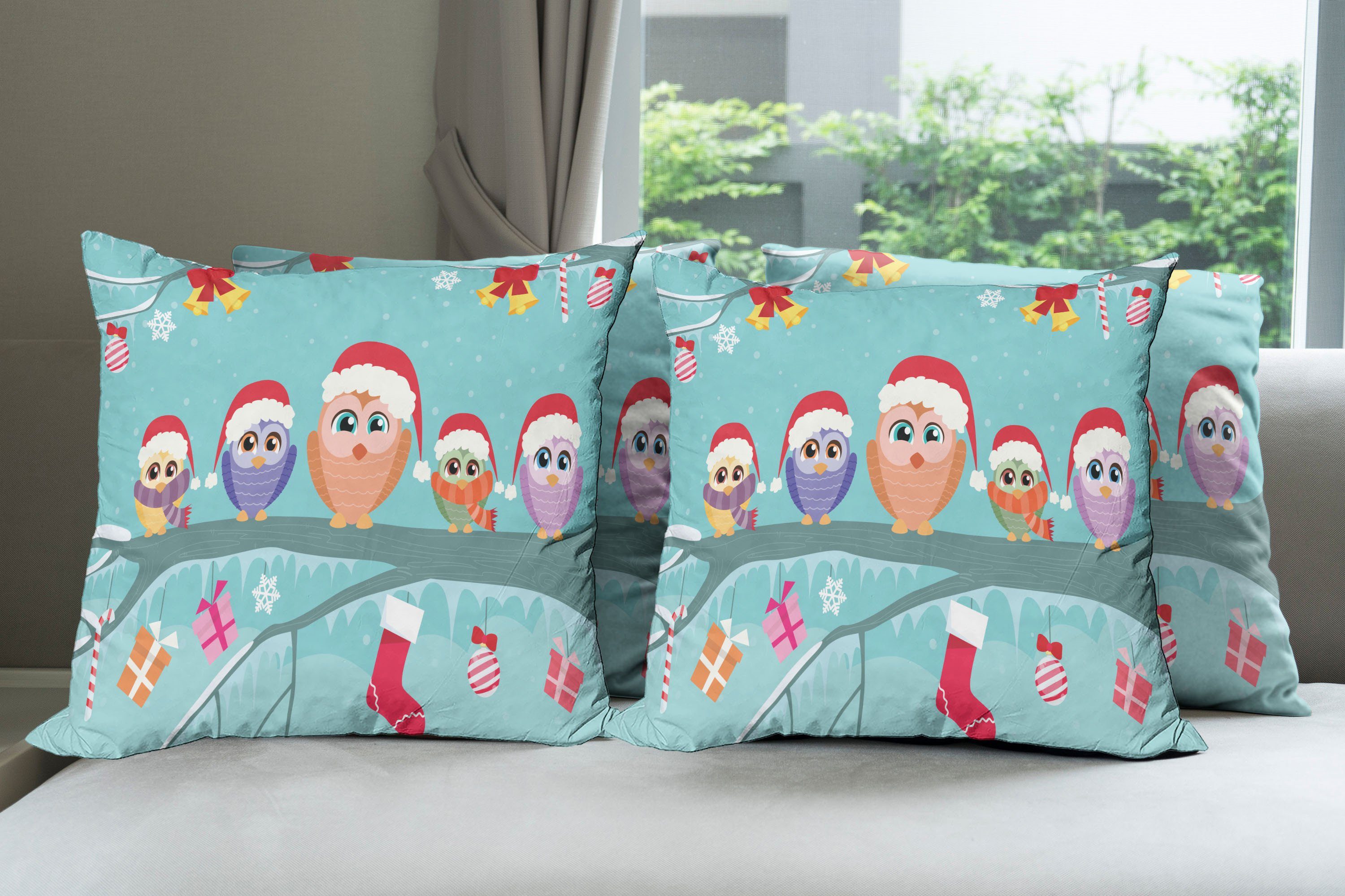 Digitaldruck, Tree Owl Family Weihnachten Doppelseitiger Kissenbezüge Modern Accent (4 Abakuhaus Stück),