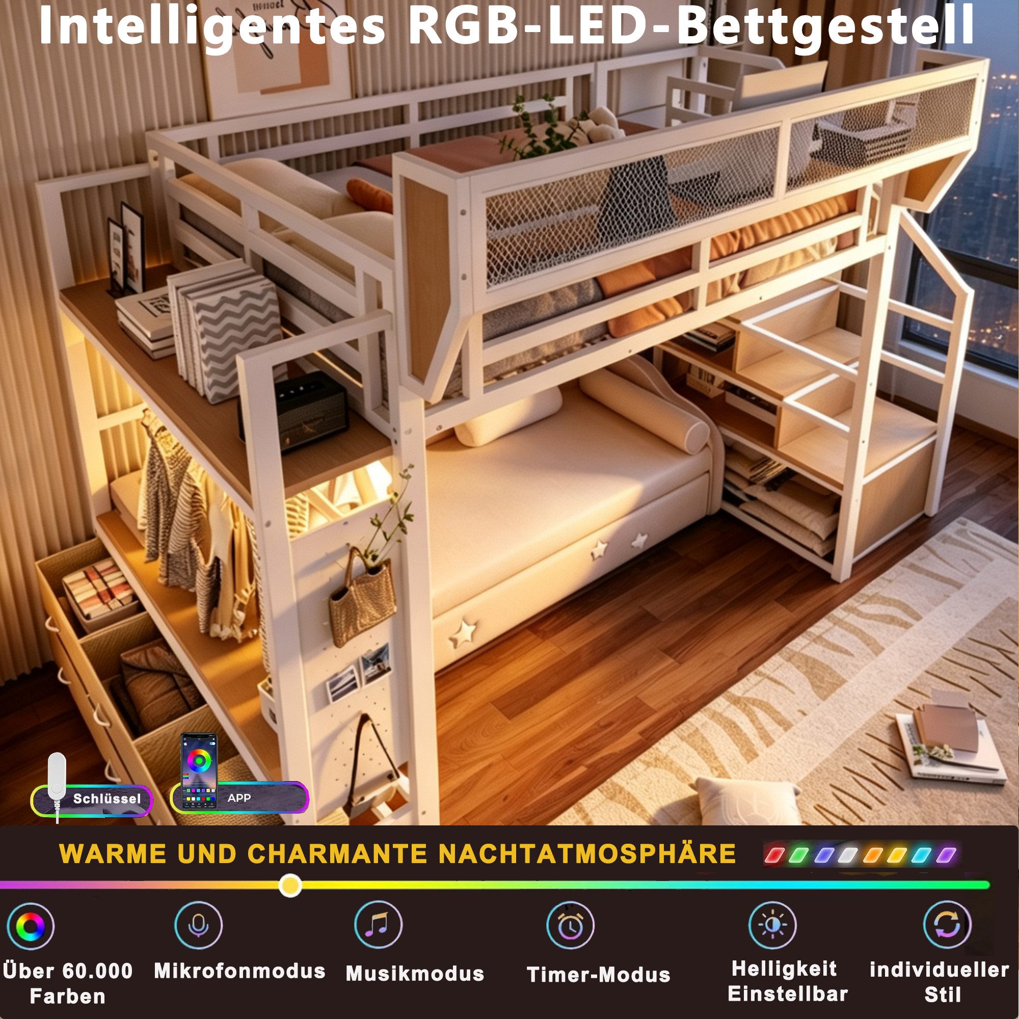 MODFU Hochbett Metallbett mit LED-Beleuchtung, Ablagefach, Jugendbett (140x200cm, mit Kleiderstange, Stoffschublade und abnehmbarem Ablagekorb, Stauraumbett Kinderbett) ohne Matratze