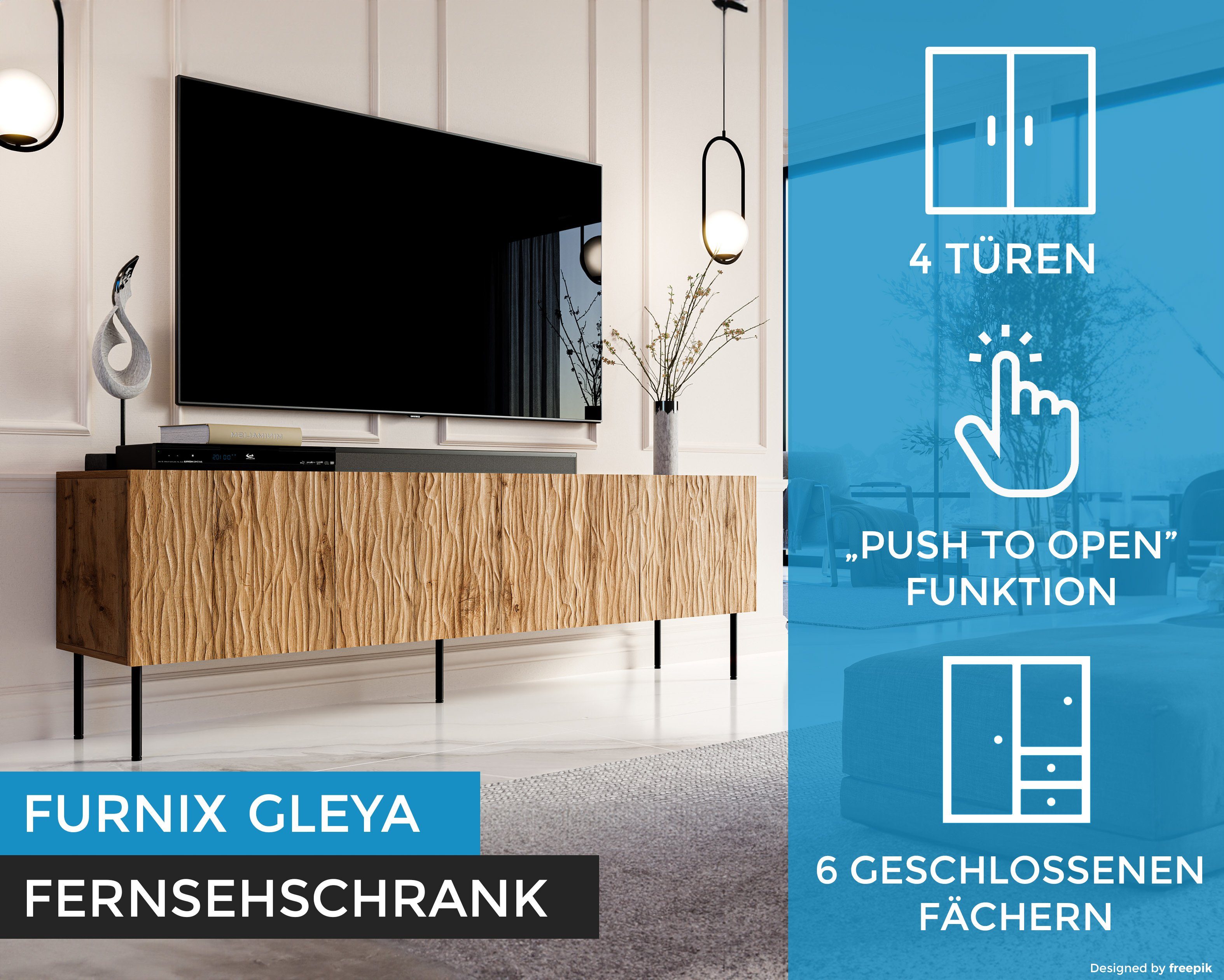 TV-Schrank mit multifunktionell gefrästen GLEYA Furnix Wotan Fronten Fernsehschrank Eiche 190 Struktur