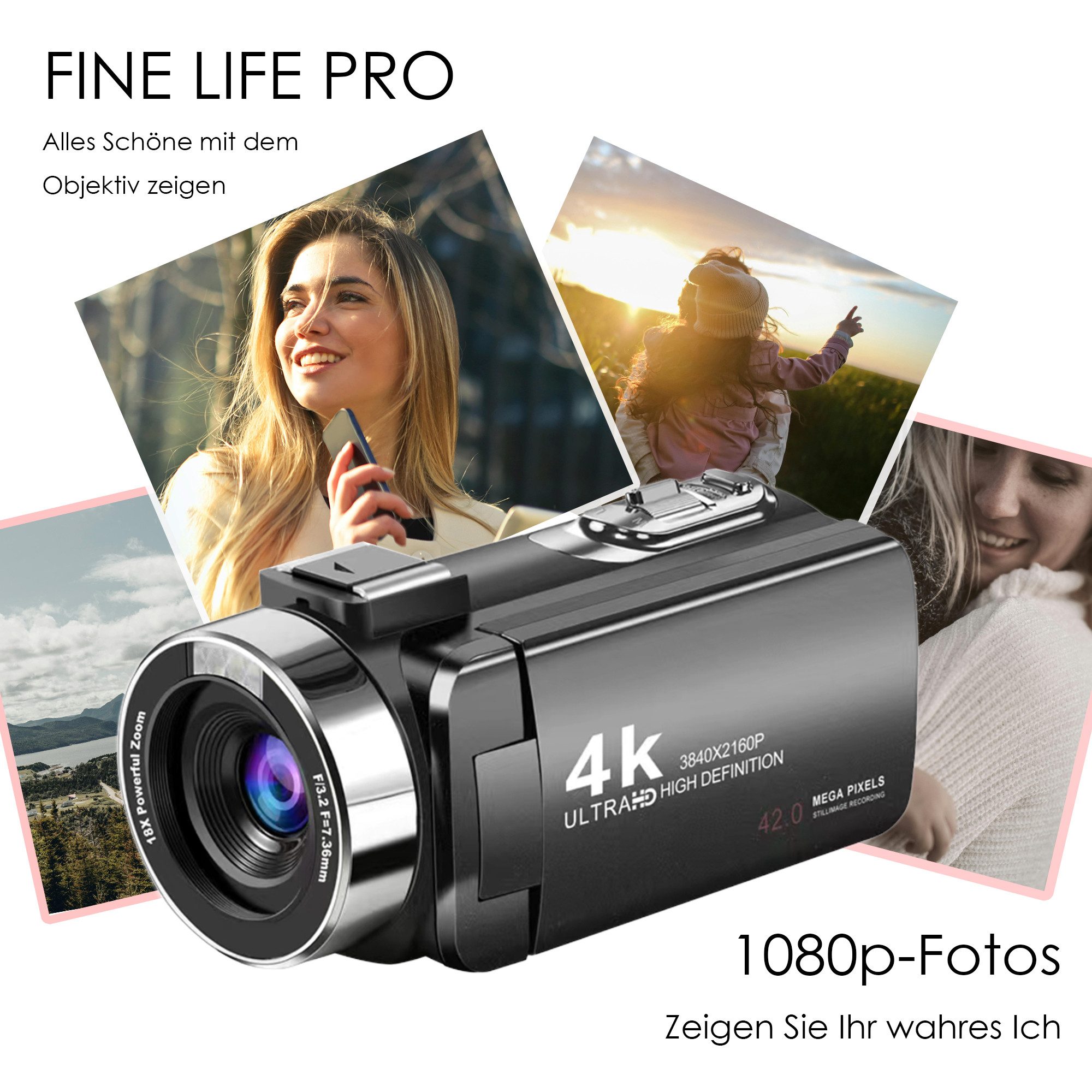 Fine Life Pro HD Camcorder mit 42MP Foto, 32GB Card, 3" HD-Display, 18X Digitalzoom Videokamera (externes Mikrofon & 90 Min. Aufnahmezeit –, Einsteigerfreundliche Videokamera für klare Aufnahmen)