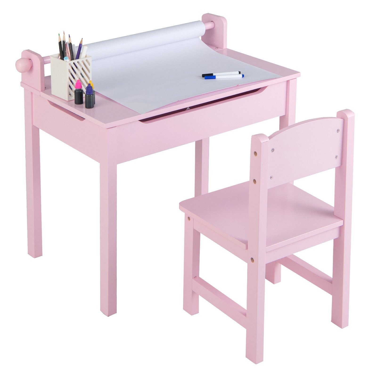 COSTWAY Kinderschreibtisch mit Stuhl Set & Papierrollenhalter, mit Papierro günstig online kaufen