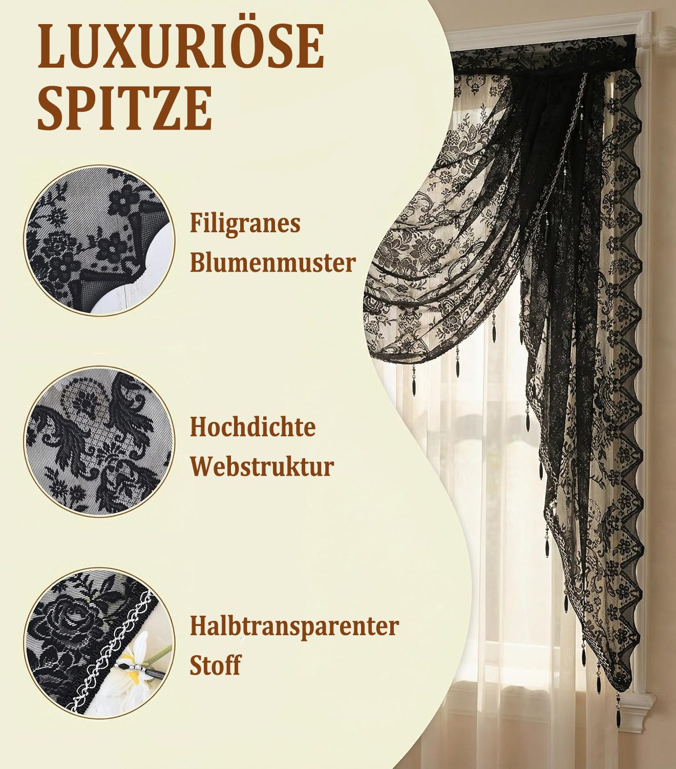 Zyronn Vorhang Halbtransparente Spitzen-Fensterdekoration mit Perlenquasten, Blumenmuster bestickter Voile-Vorhang für Wohnzimmer und Schlafzimmer – Bild 5 von 5
