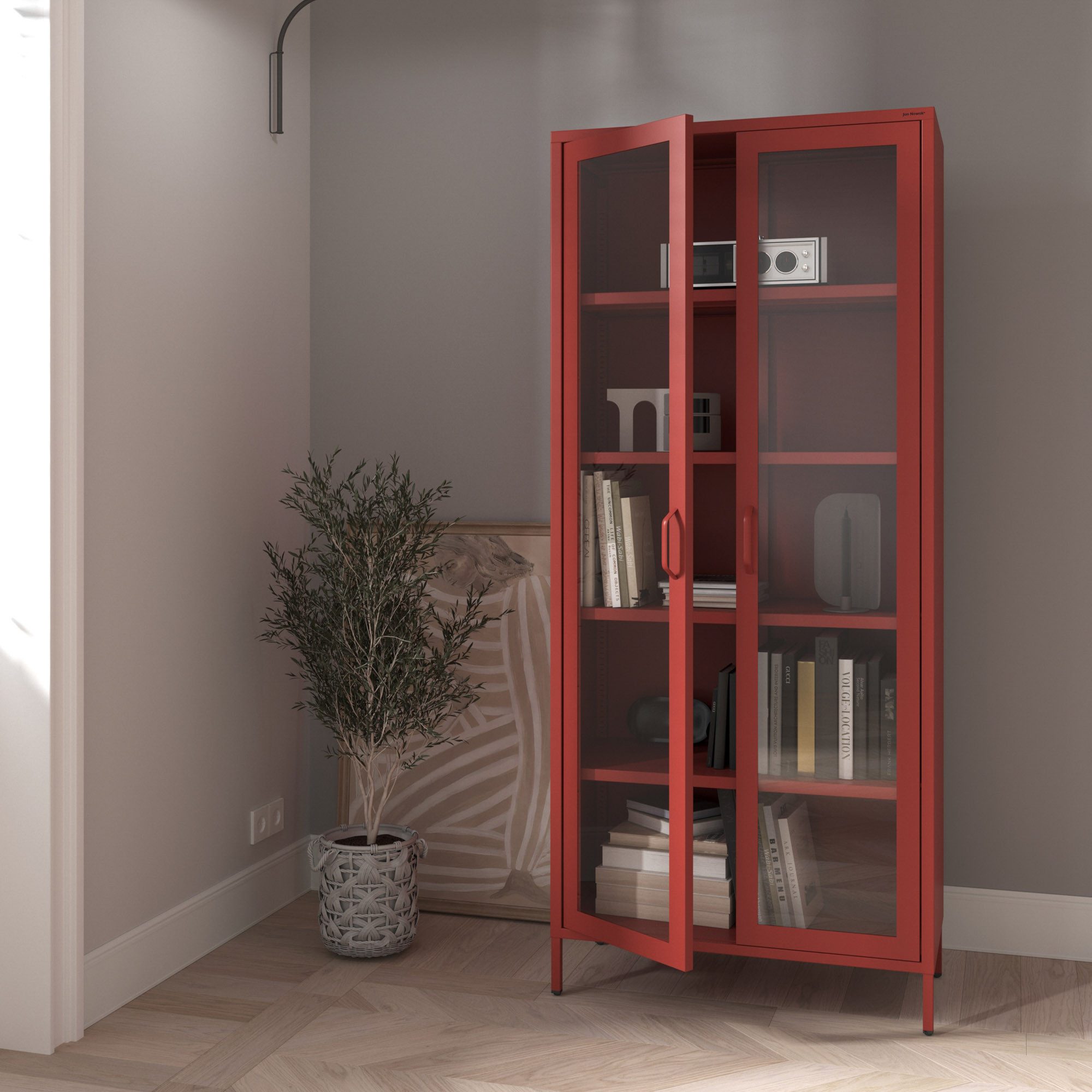 Jan Nowak Vitrine ANGELO Vitrine Glas Metall Stahl 80x185x45cm 4 Regale Sparkling (Stahl 0,6mm, 4 Regale 40kg, Hartglas 2 Türen, Wandmontage) Brilliance Beine regulierbar Wohnzimmer Salon