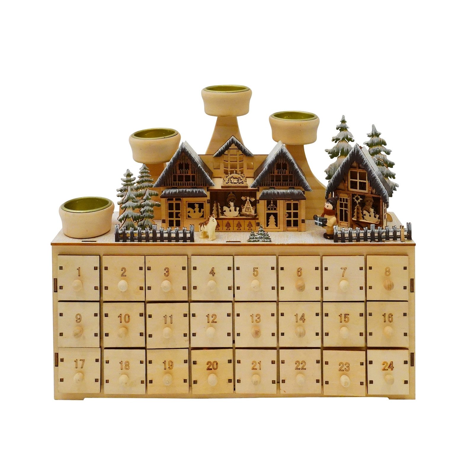 HTI-Living befüllbarer Adventskalender Adventskalender Weihnachtsmarkt zum Befüllen (Stück, 1-tlg), mit LED-Beleuchtung und Kerzenhaltern für 4 Teelichter