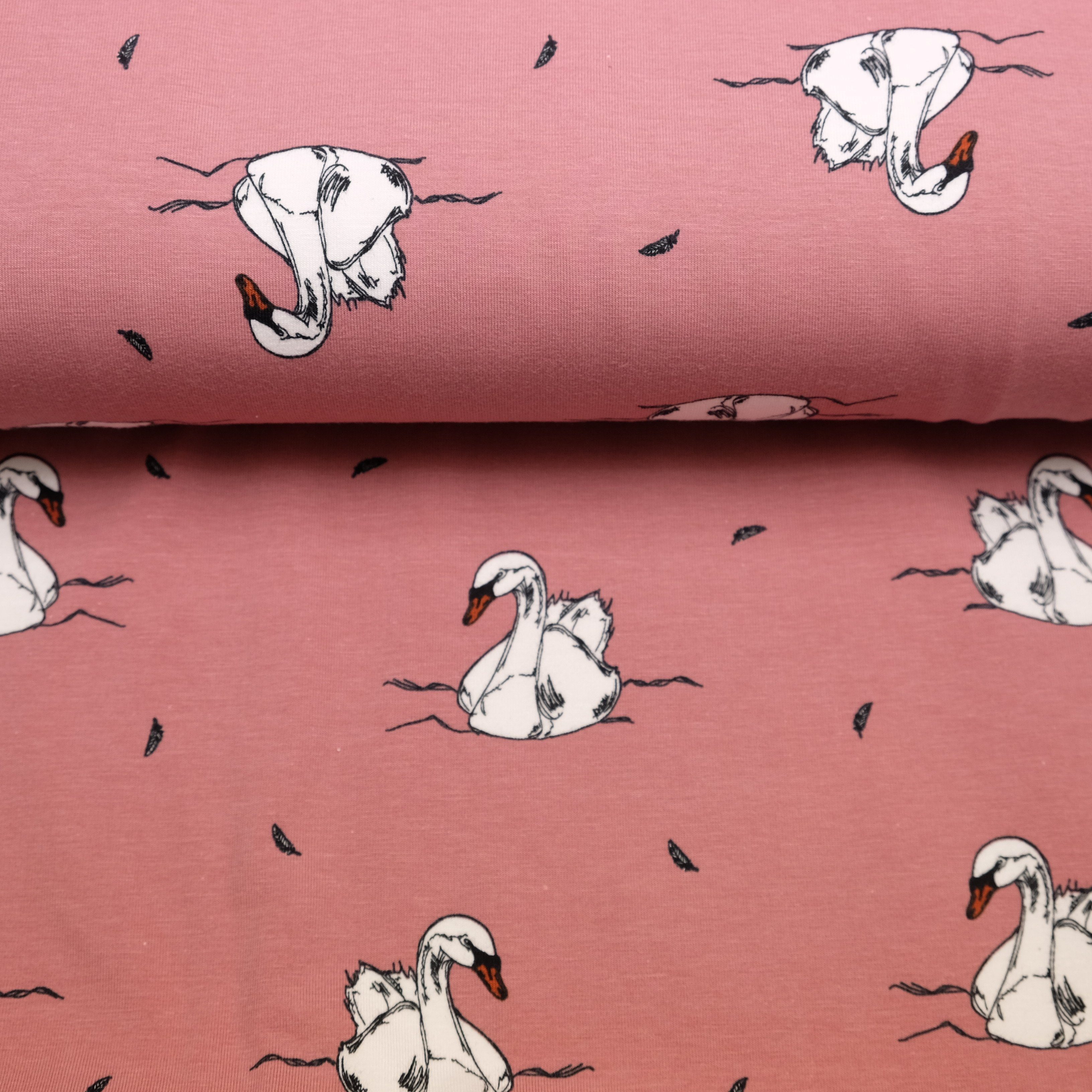 larissastoffe Stoff Jersey Stoff Schwan altrosa, 11,90 EUR/m, Meterware, 50 cm x 150 cm