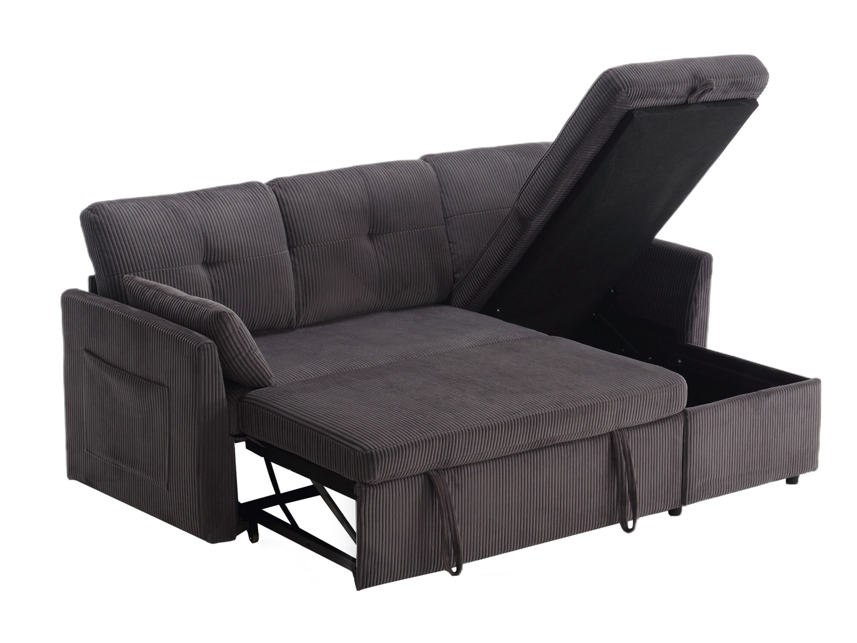 SeedWave Schlafsofa Samt Schlafsofa für 3 Personen, Sofa und Bett in Einem, Umsetzbarer Chaise Longue mit Stauraum, Kissen, Seitentasche