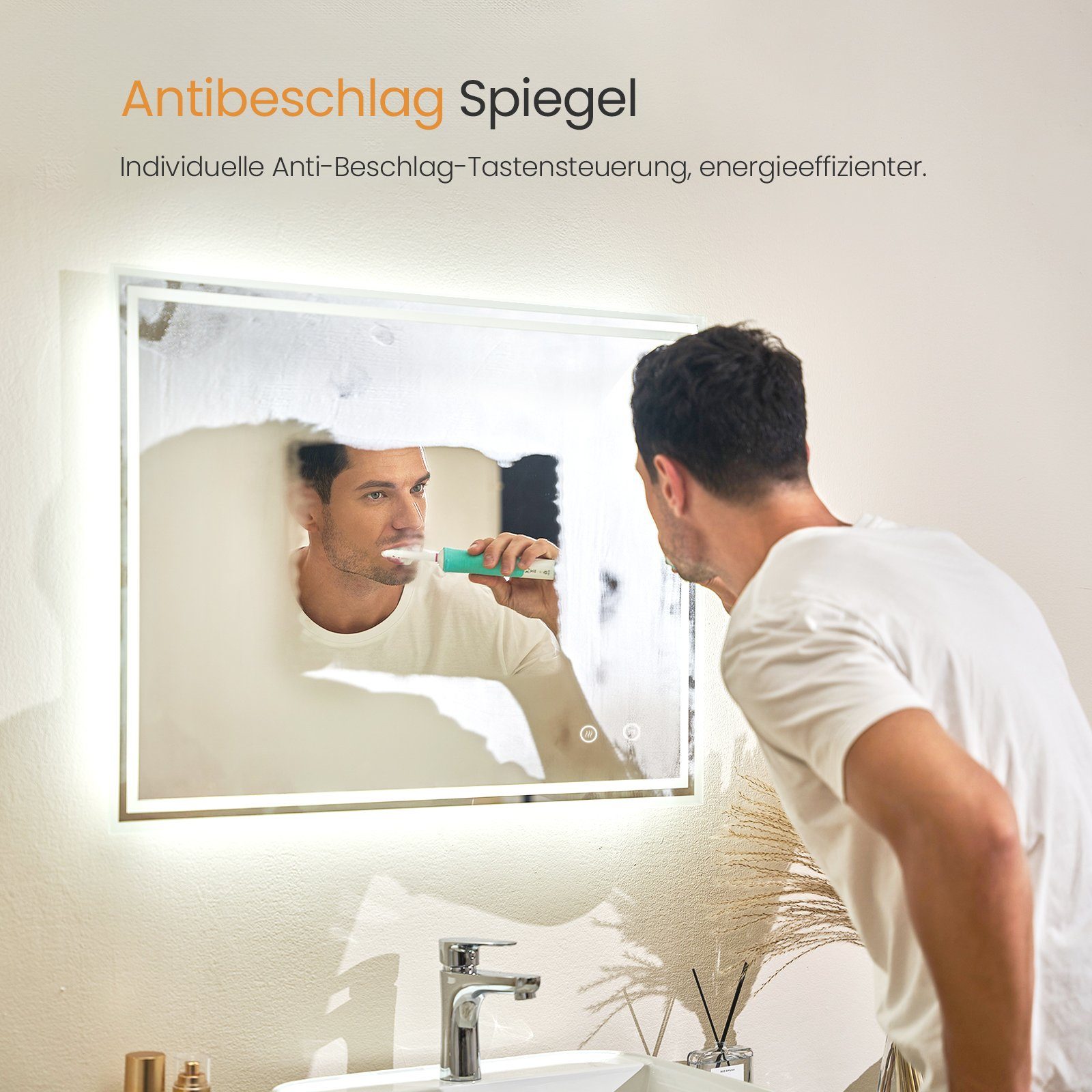 EMKE Badspiegel mit Touch 6500K LED-Beleuchtung eckig, Beschlagfrei, Horizontal&Vertical,in versch. Größen erhältlich