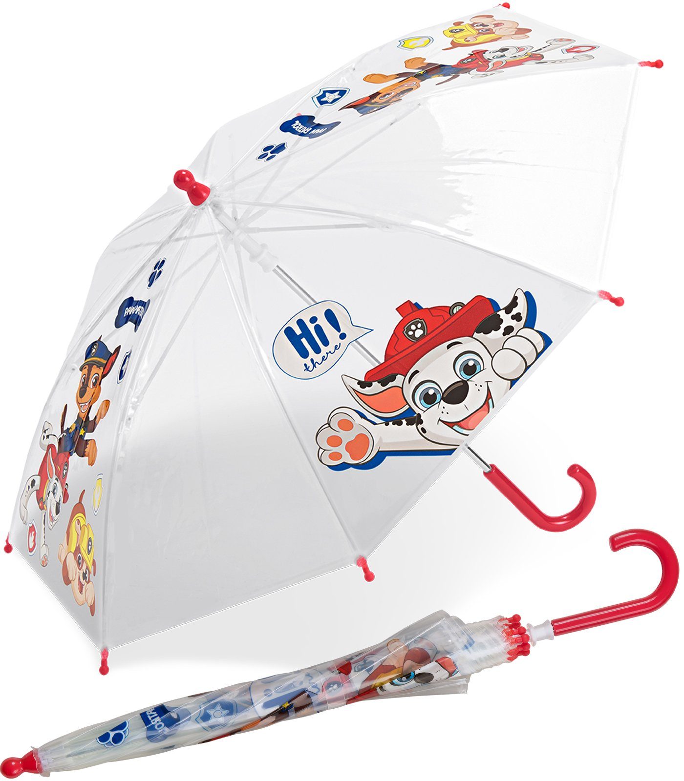 HAPPY RAIN Stockregenschirm Kinder-Stockschirm transparent durchsichtig, mit Paw Patrol Fellfreunde Motiven