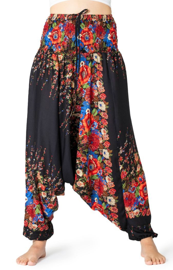 PANASIAM Haremshose Aladinhose mit Blumenmuster aus 100% natürlicher Viskose Haremshose lockere Loungewear weite Pumphose Freizeithose für Alltag Meditation