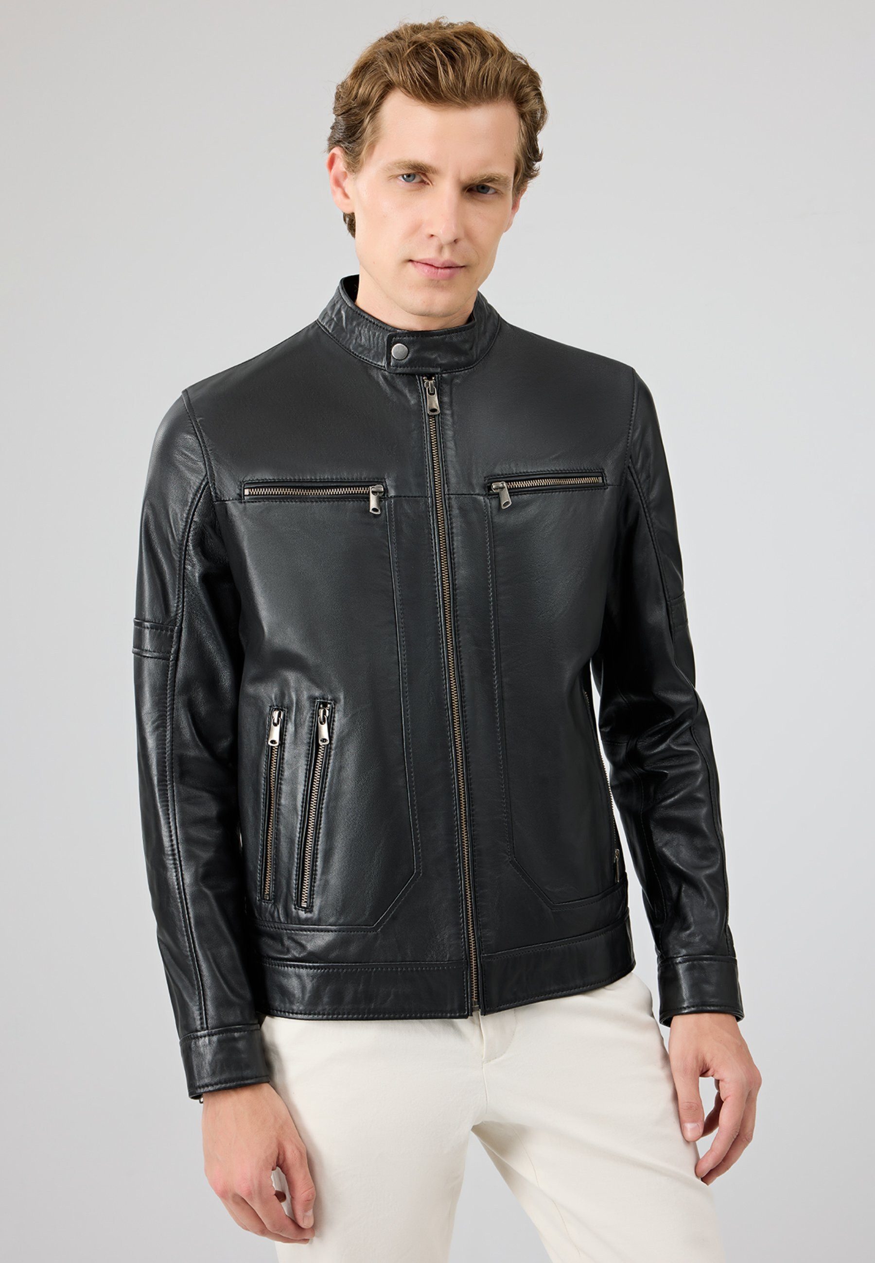 Derimod Lederjacke Patrick Lederjacke mit Stehkragen Regular Fit, Reißverschluss, Stehkragen, Kurz, Textilfutter