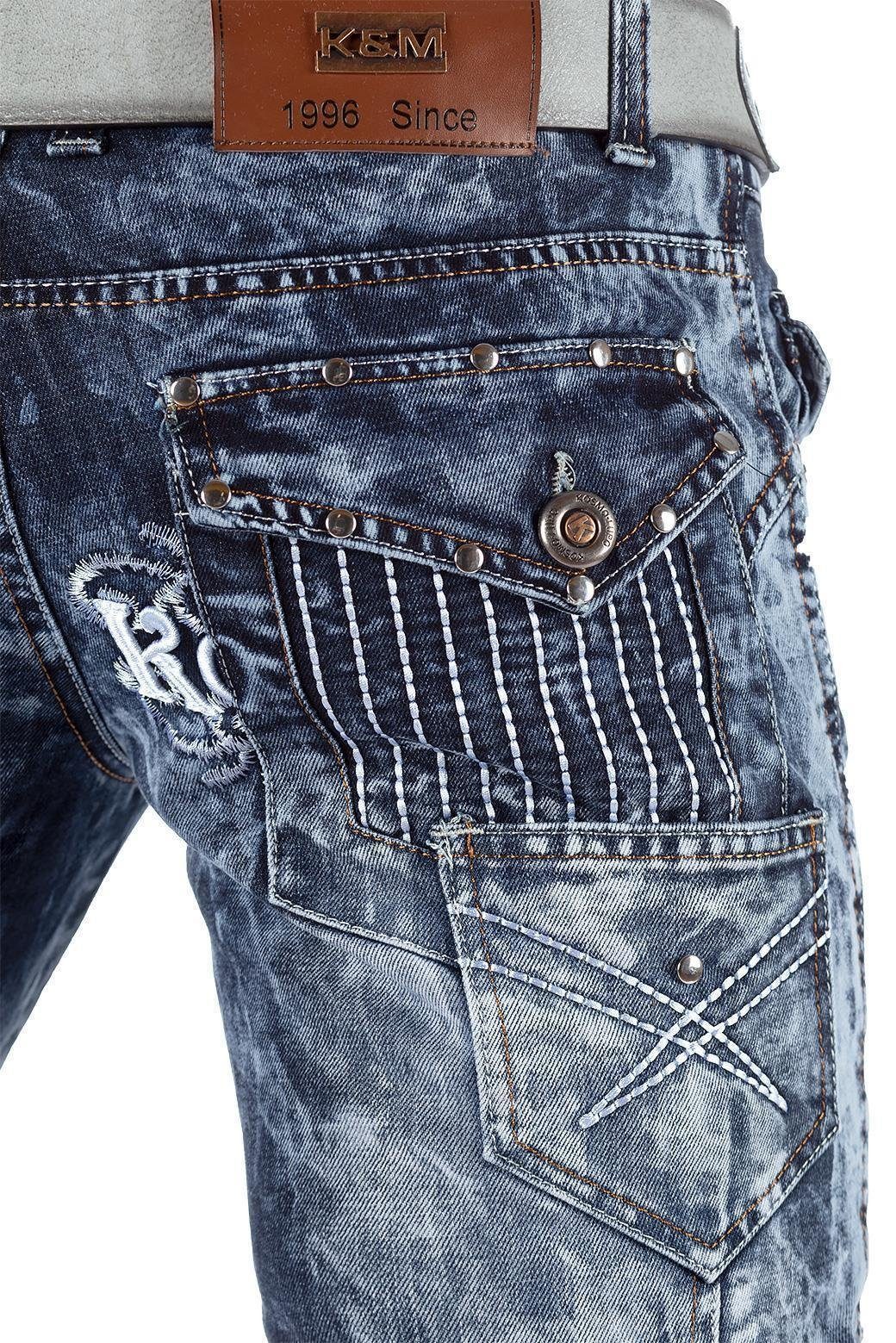 Kosmo Lupo blau Herren BA-KM051 Verzierungen Waschnung und Hose Markante 5-Pocket-Jeans Auffällige