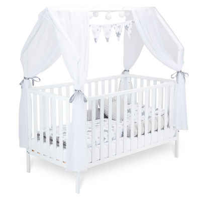 FabiMax Kinderbett Hausbett Schlafmütze Weiß mit Deko-Set, Kiefer massiv, Gitterbett, Babybett, Umbaubar zum Juniorbett