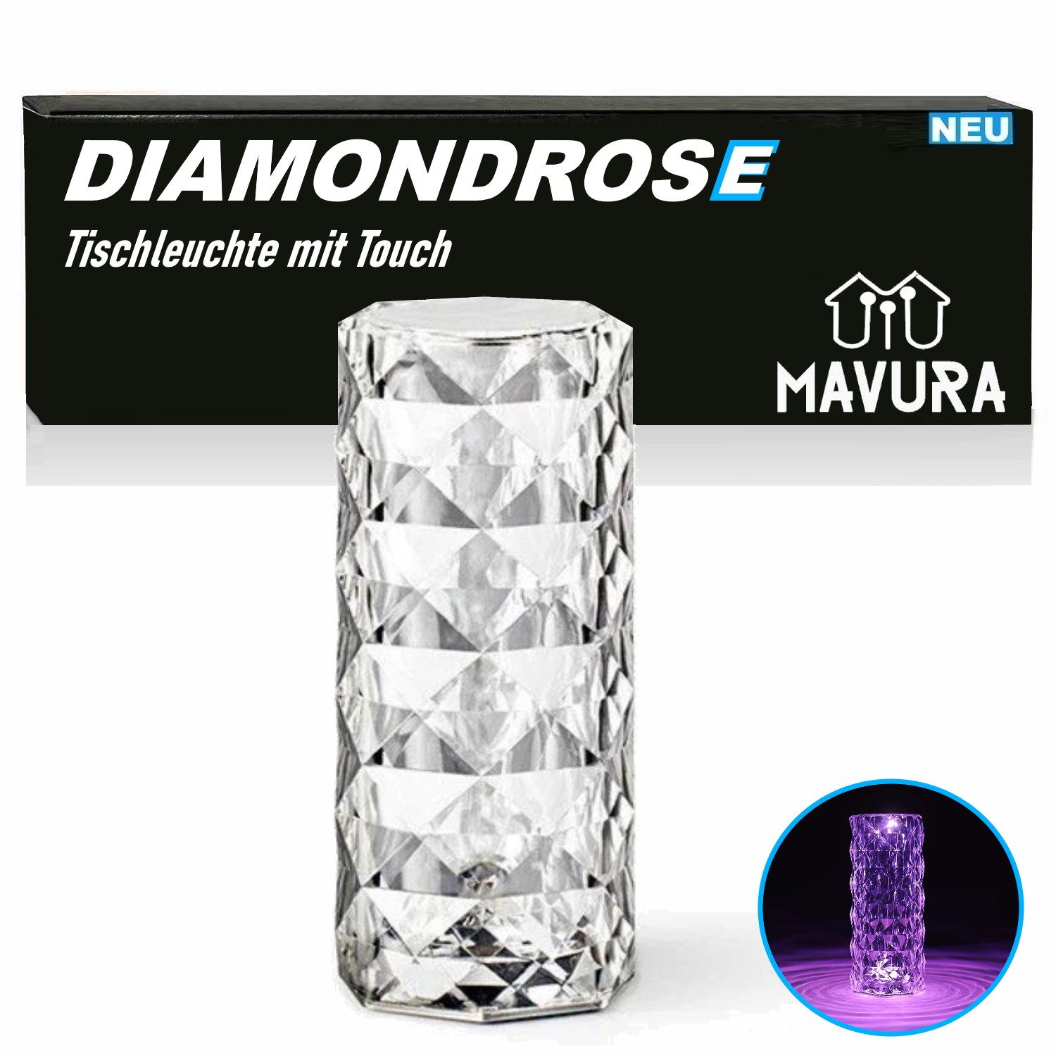 MAVURA LED Tischleuchte DIAMONDROSE Crystal LED Kristall Tischlampe mit Touch, Leuchte, 16 Farben, Nachtlicht, Lampe