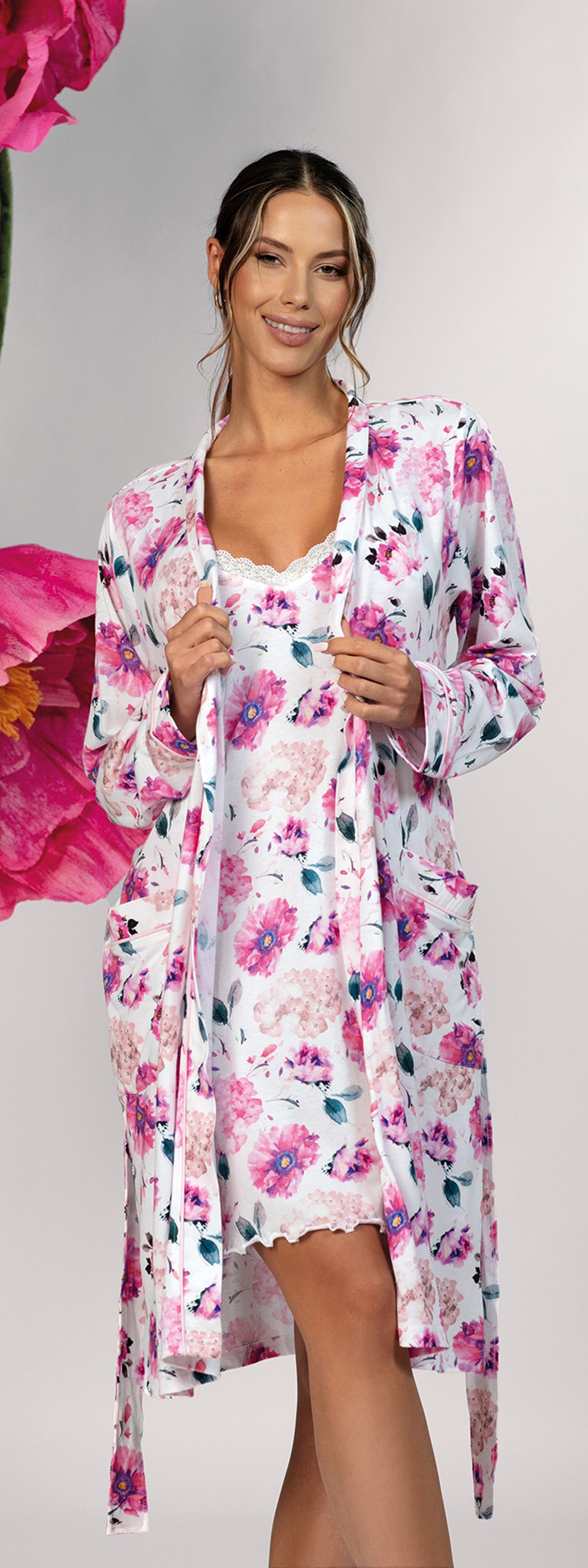 Ascafa Kimono Damen Morgenmantel Blumen, Midi, Baumwollmischung, Kimonokragen, Gürtel, Edles Design