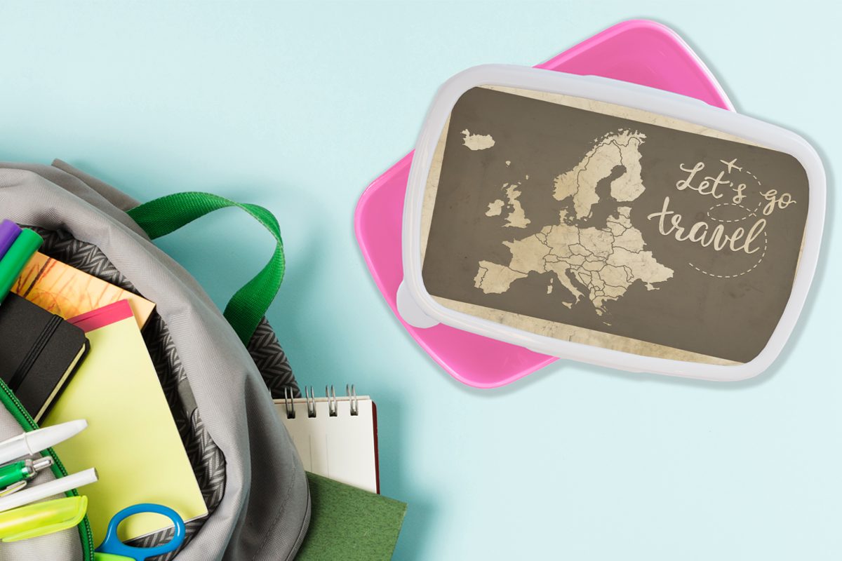 - Europa Karte Mädchen, für (2-tlg), Snackbox, Brotbox MuchoWow - Vintage, Kunststoff, Brotdose Lunchbox Kinder, Kunststoff Erwachsene, rosa Zitat