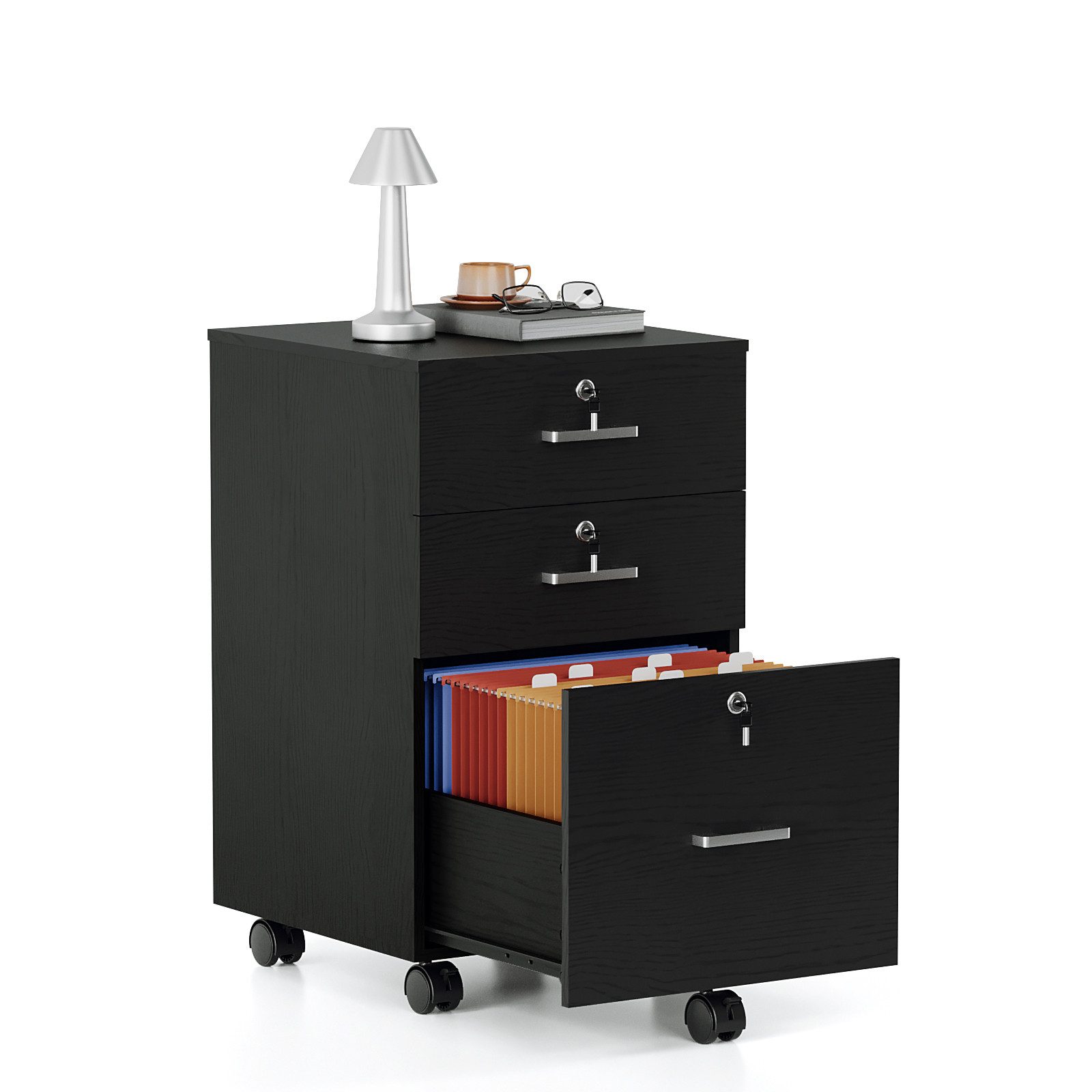 VINGLI Aktenschrank Holz, mobiler Aktenschrank, Rollcontainer abschließbar, 2/3 Schubladen verstellbare Hängestangen für A4/Letter-Format, weiß/schwarz von VINGLI