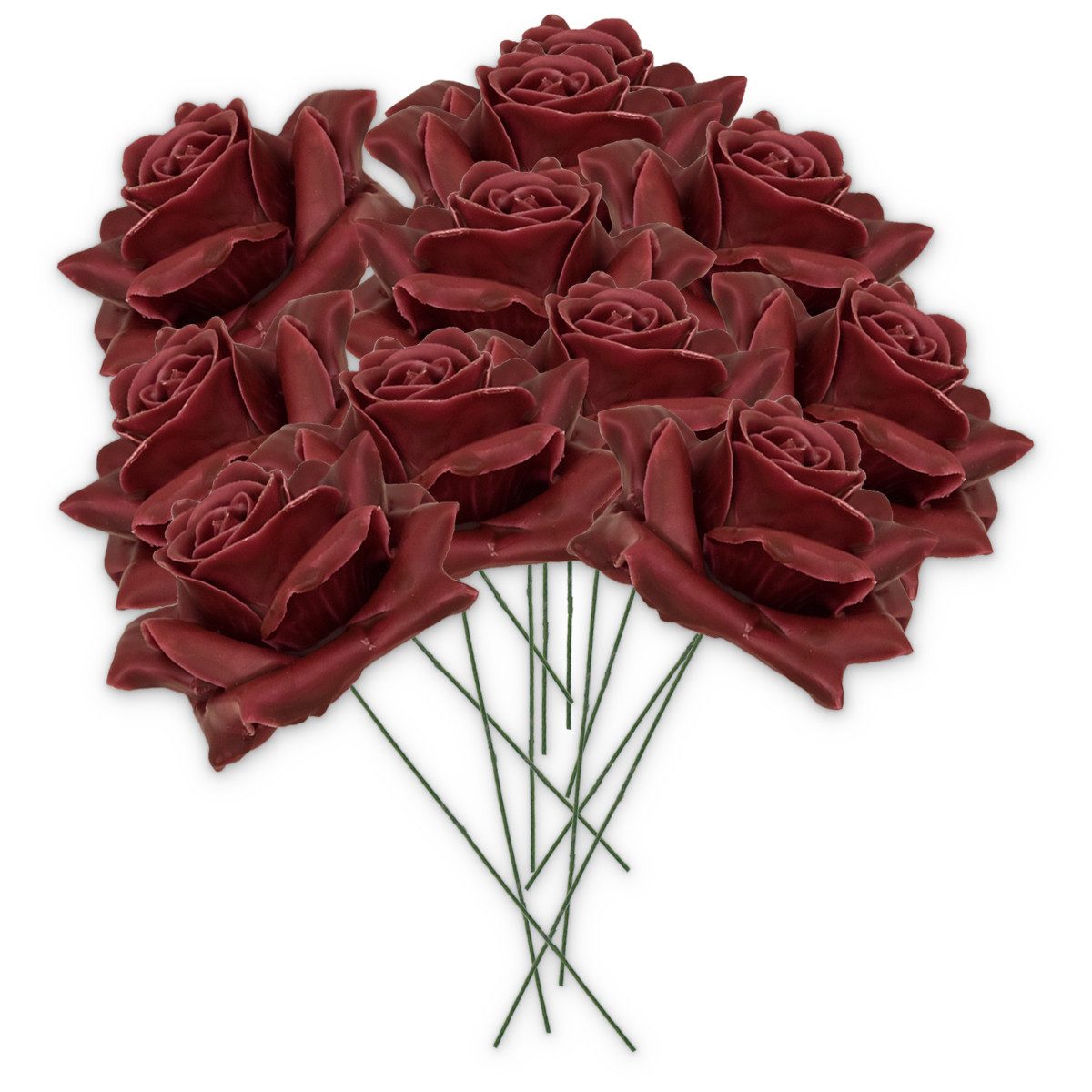 matches21 HOME & HOBBY Bilderrahmen Wachsrosen mit Stiel als Kunstrosen Rosen-Blüten in bordeaux rot, (10 St), 10 künstliche Wachs-Blüten Textil-Rosen Blumengestecke Deko-Rosen