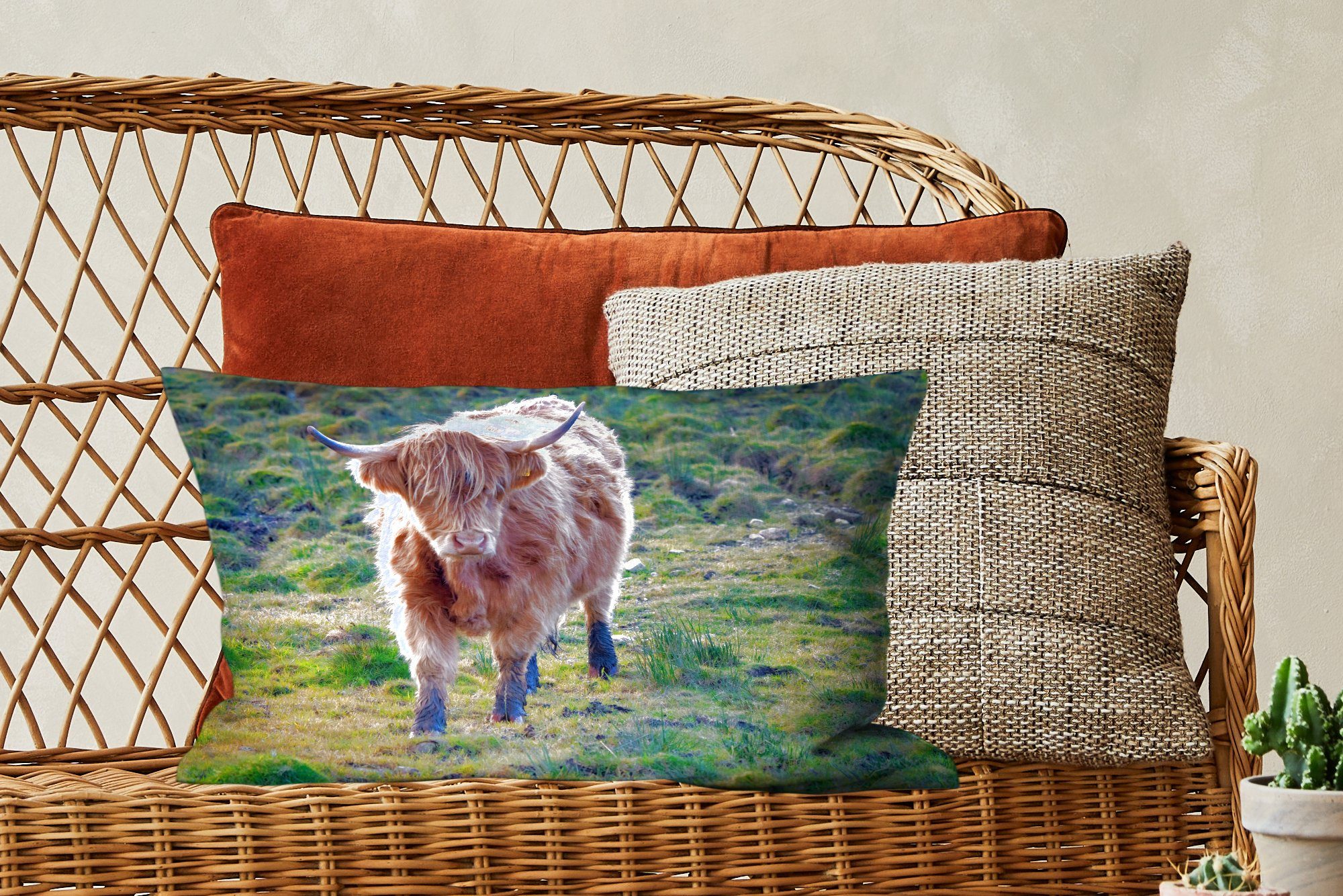 Highlander Herbst, Füllung, mit Dekokissen Dekoration, - Schottische Schlafzimmer - Wohzimmer Zierkissen, Gras MuchoWow Dekokissen