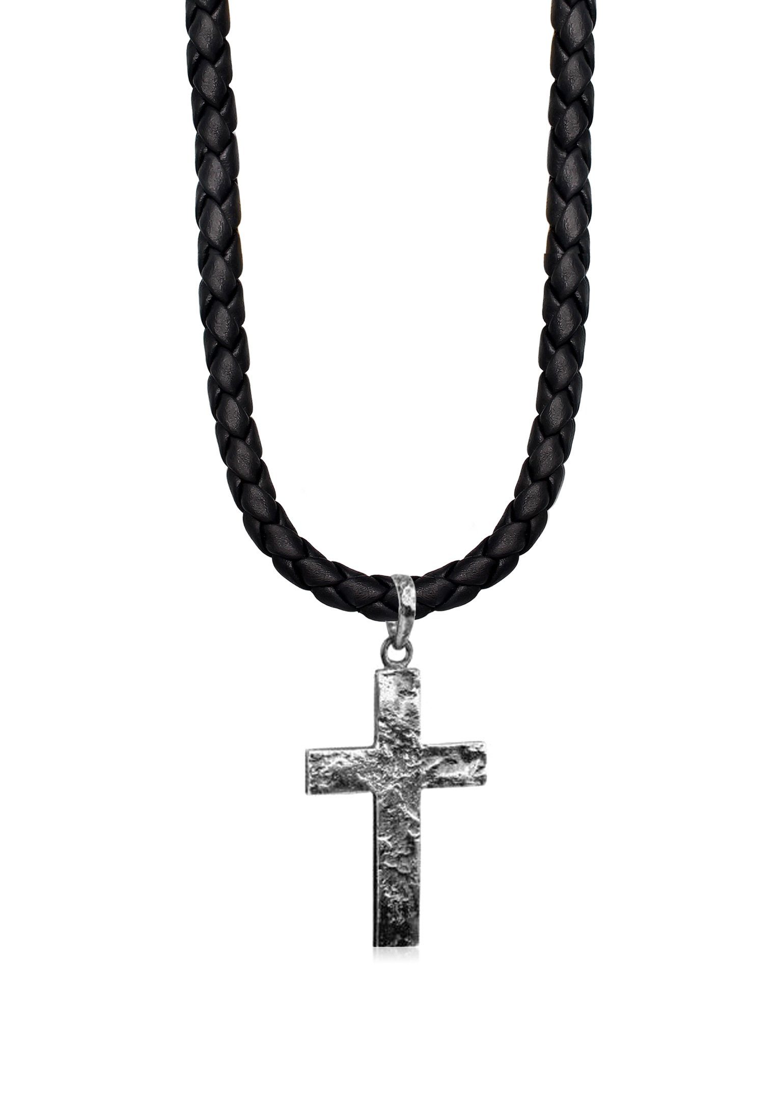 Kuzzoi Kette mit Anhänger Herren Lederkette Kreuz Oxidiert Matt 925 Silber | Lange Ketten