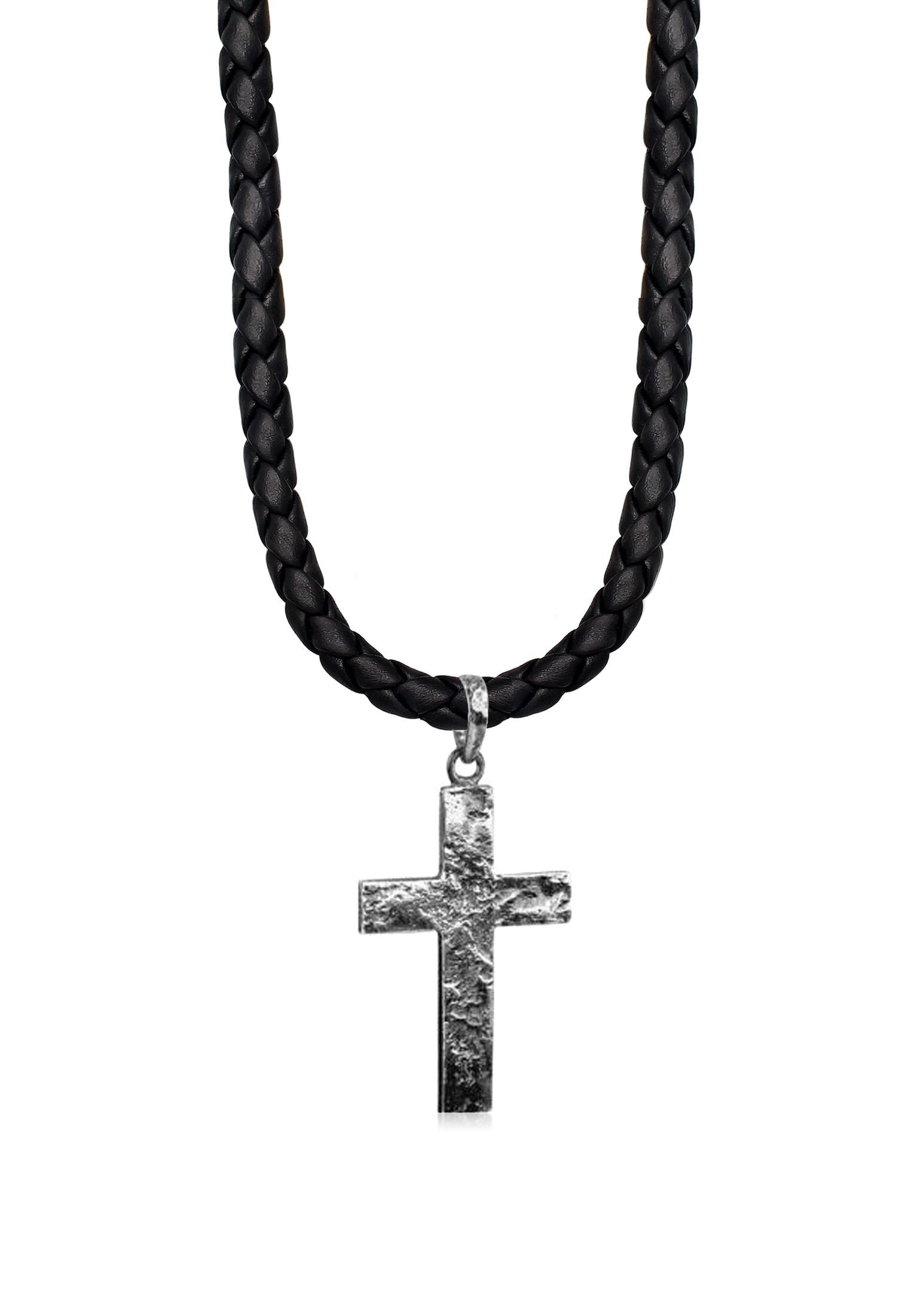 Lederkette Herren Anhänger Kette Kuzzoi mit Silber 925 Kreuz Matt Oxidiert