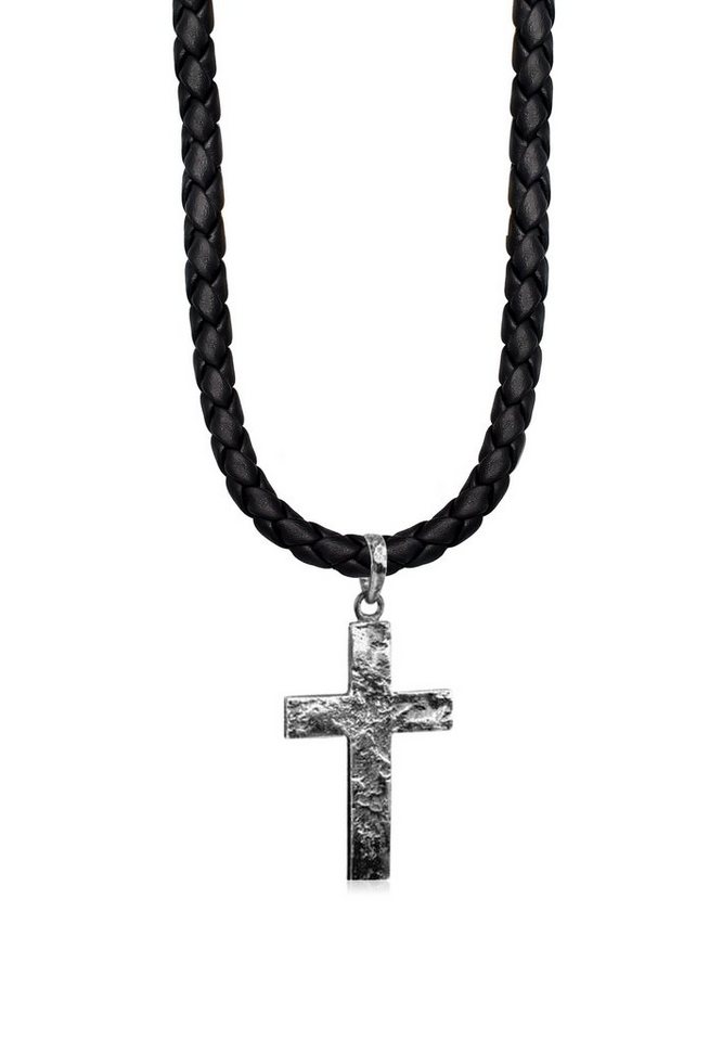 Kuzzoi Kette mit Anhänger Herren Lederkette Kreuz Oxidiert Matt 925 Silber,  Herren Halskette mit Kreuz aus 925 Sterling Silber