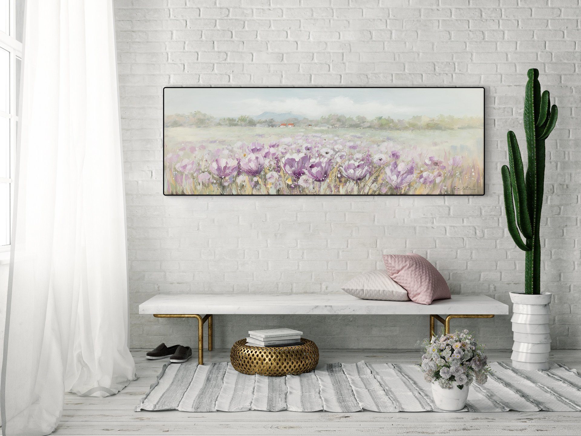 Wandbild HANDGEMALT KUNSTLOFT Wohnzimmer 100% Sommer Blühender cm, Gemälde Leinwandbild 150x50