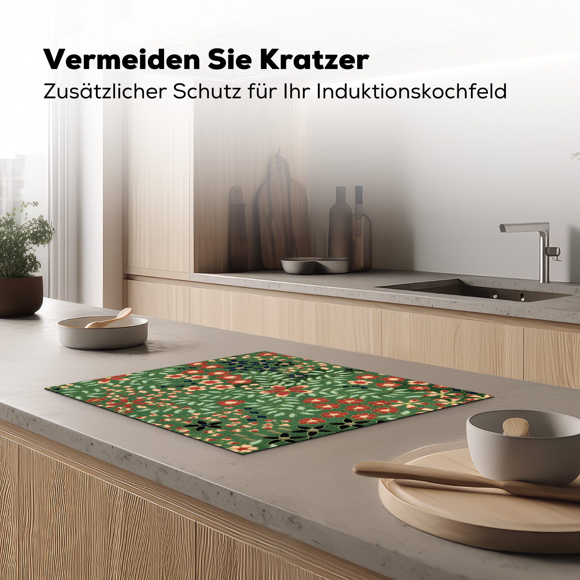 MuchoWow Herd-Abdeckplatte Blumen - Grün - Weihnachten - Rot - Feiertage, Vinyl, (1 tlg), Abdeckung Induktionskochfeld Schutzmatte, Küche Deko, 65x52 cm