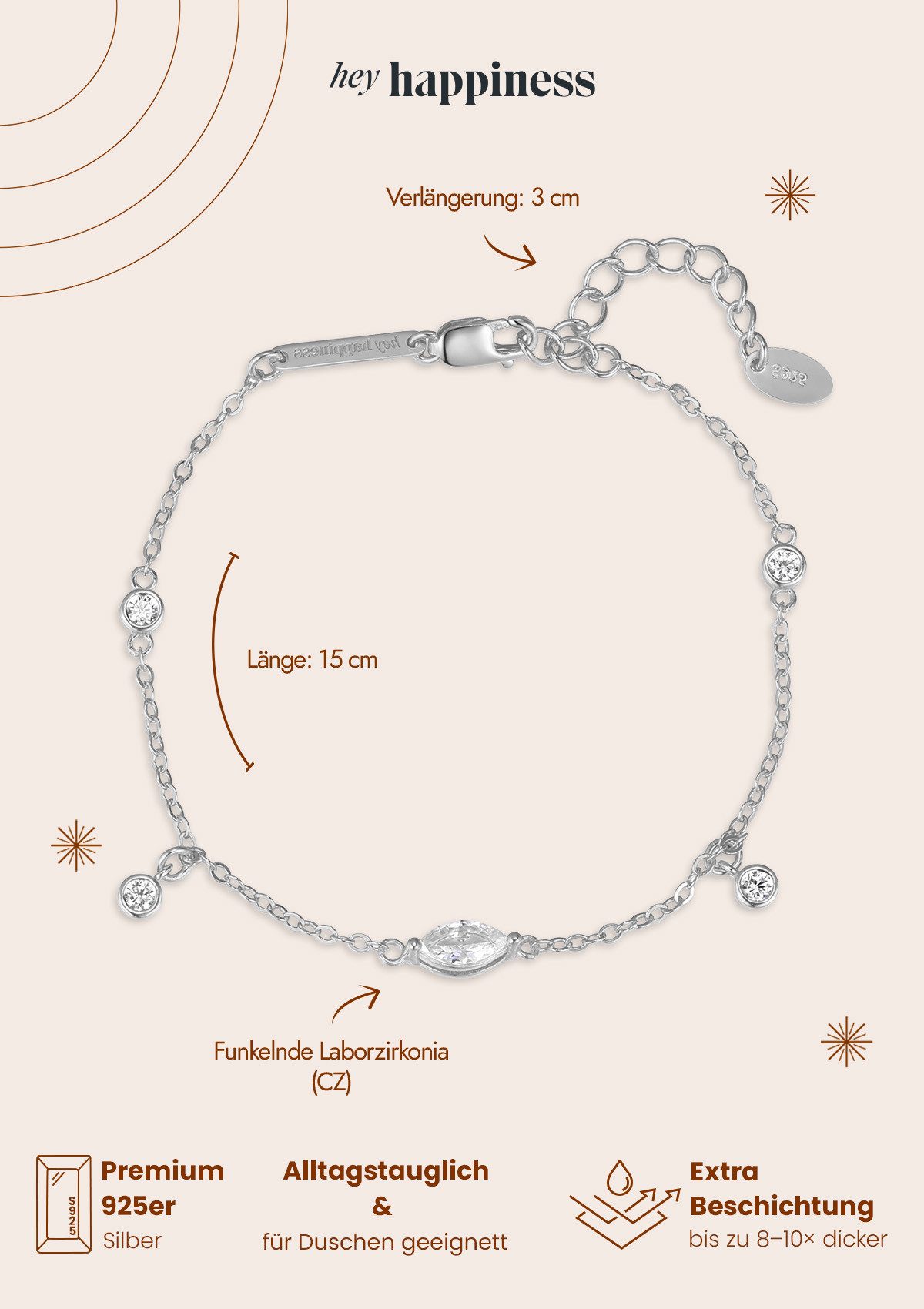 Hey Happiness Charm-Armband Silber Zirkonia 18K Vergoldet, Damen Armkette Kristalle, zur Auswahl, Armband Silber 925 hängend, Brautschmuck – Bild 4 von 5