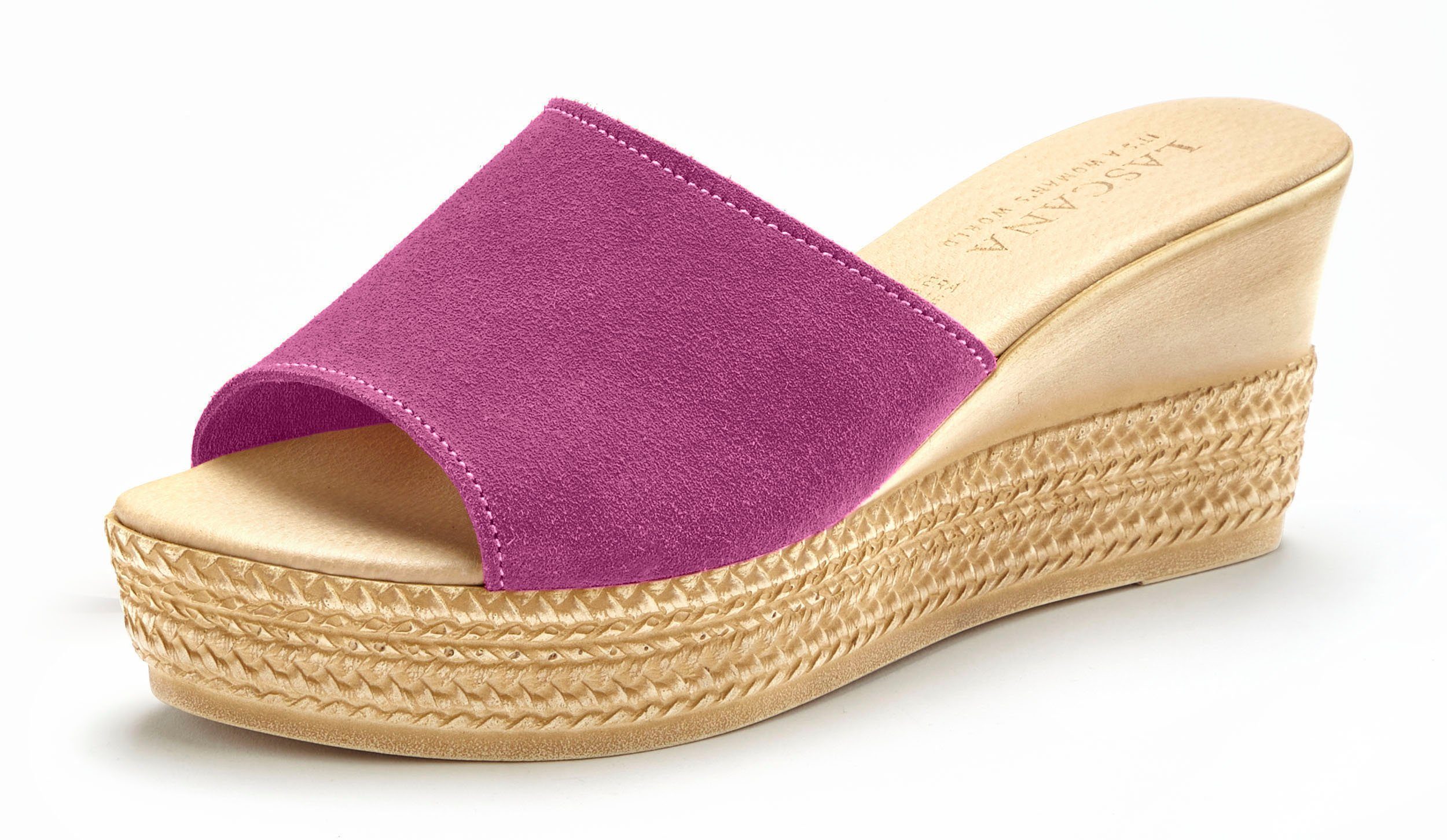 Schuh Pantolette hochwertigem mit aus fuchsia offener Sandale, Leder LASCANA Keilabsatz Mule,