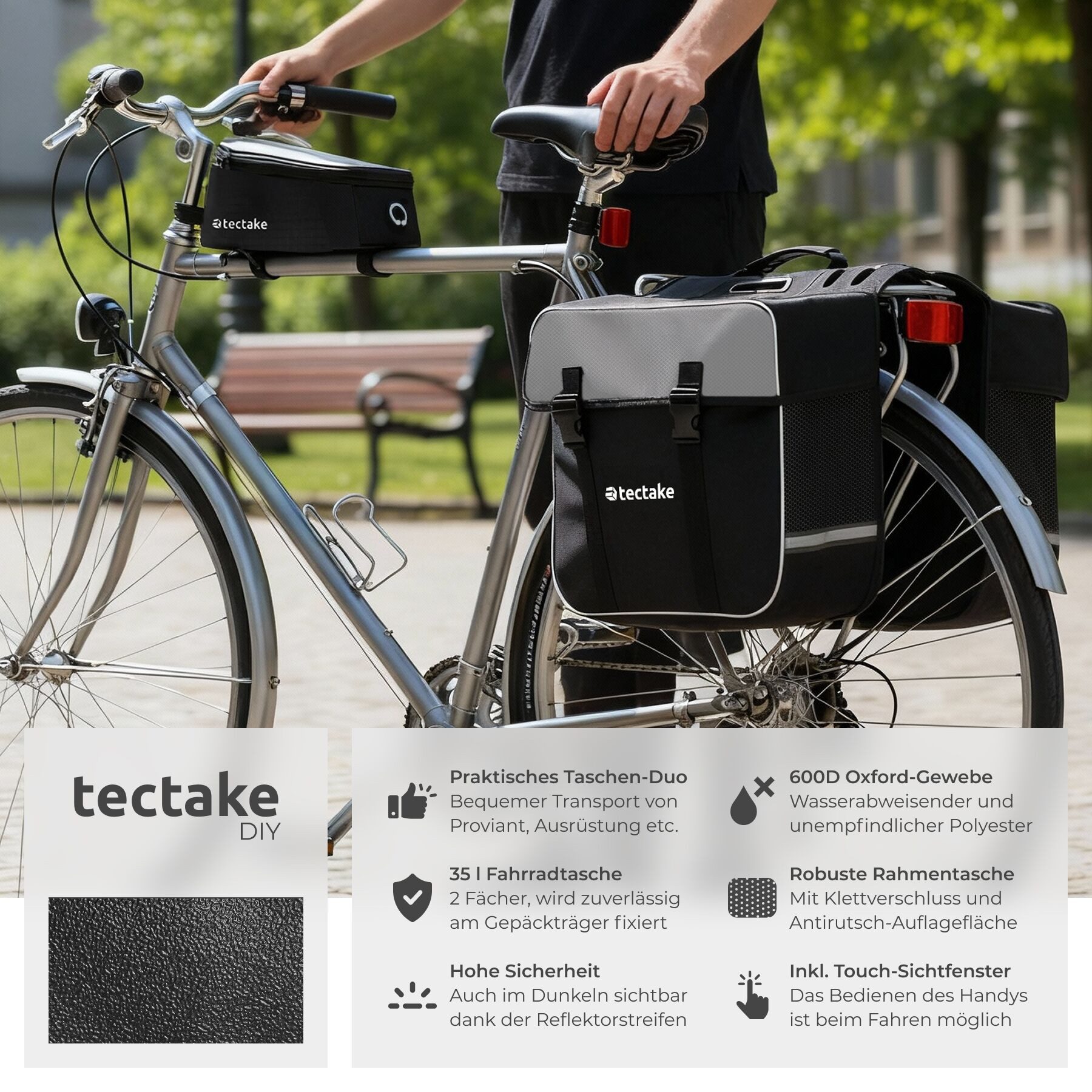 tectake Fahrradtasche (Fahrradtasche GEORG, in schwarz), Inkl. 3,5 mm Kopfhörerverlängerungskabel