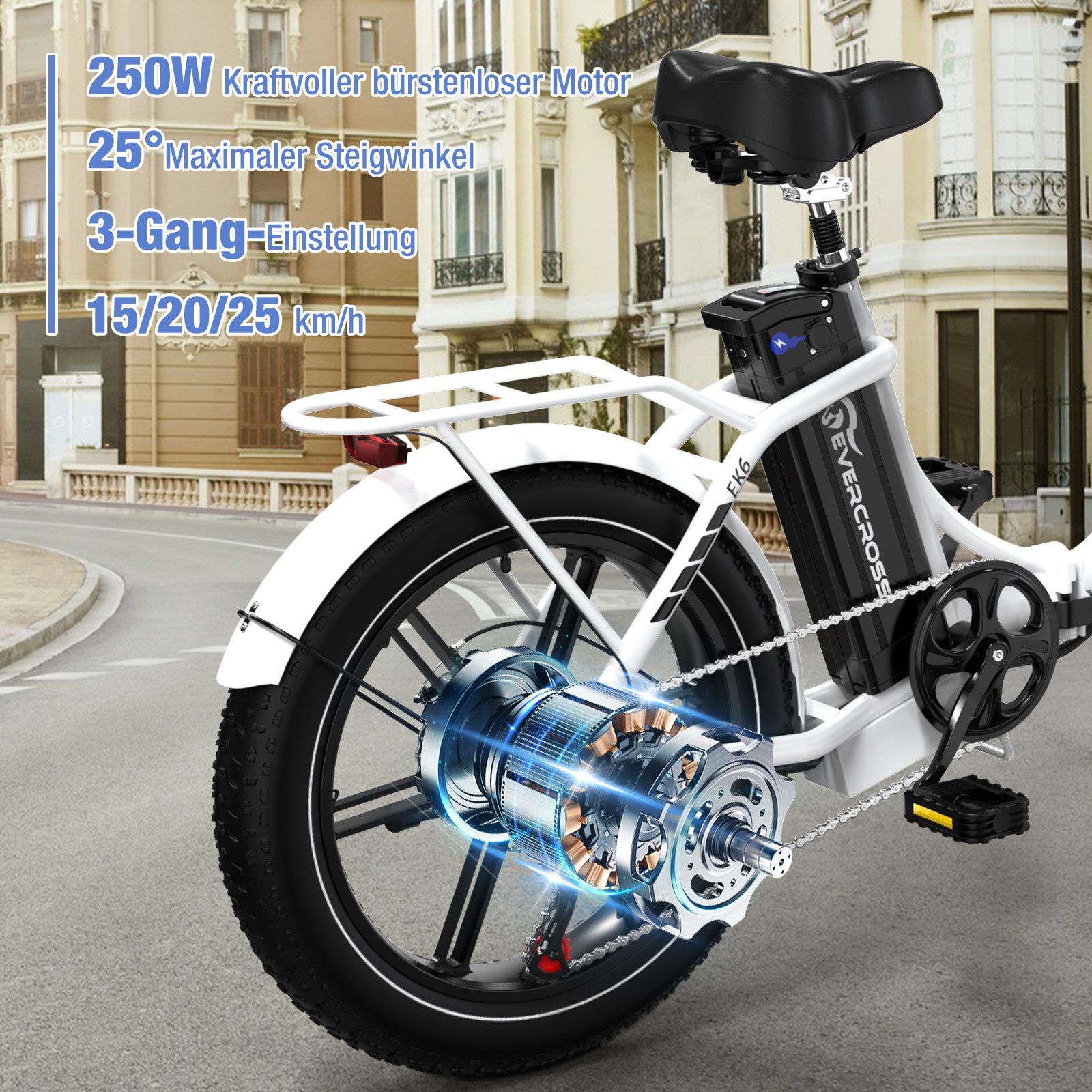 EVERCROSS TECH E-Bike 20×4.0 Fatbike, 7-Gang Shimano, 48V 18Ah abnehmbarer Akku 130km, Heckmotor, 864 Wh, 250W Motor Elektrofahrräder für Damen und Herren – Bild 4 von 5