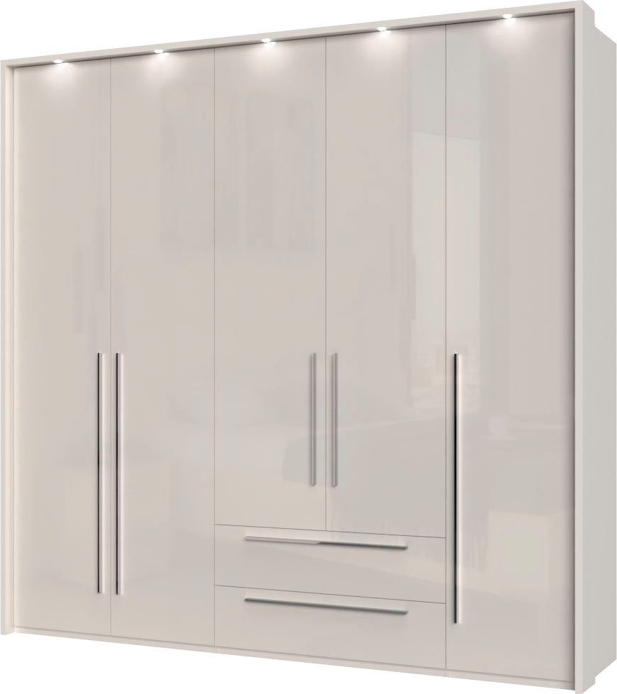 OTTO home Drehtürenschrank Piano, inklusive Rahmen und Beleuchtung, soft-close-Funktion (viele Breiten zur Auswahl, 226cm hoch, mit jeweils 2 Schubladen) beige oder weiß, UV lackiert, Hochglanzfronten, FSC-zertifiziert