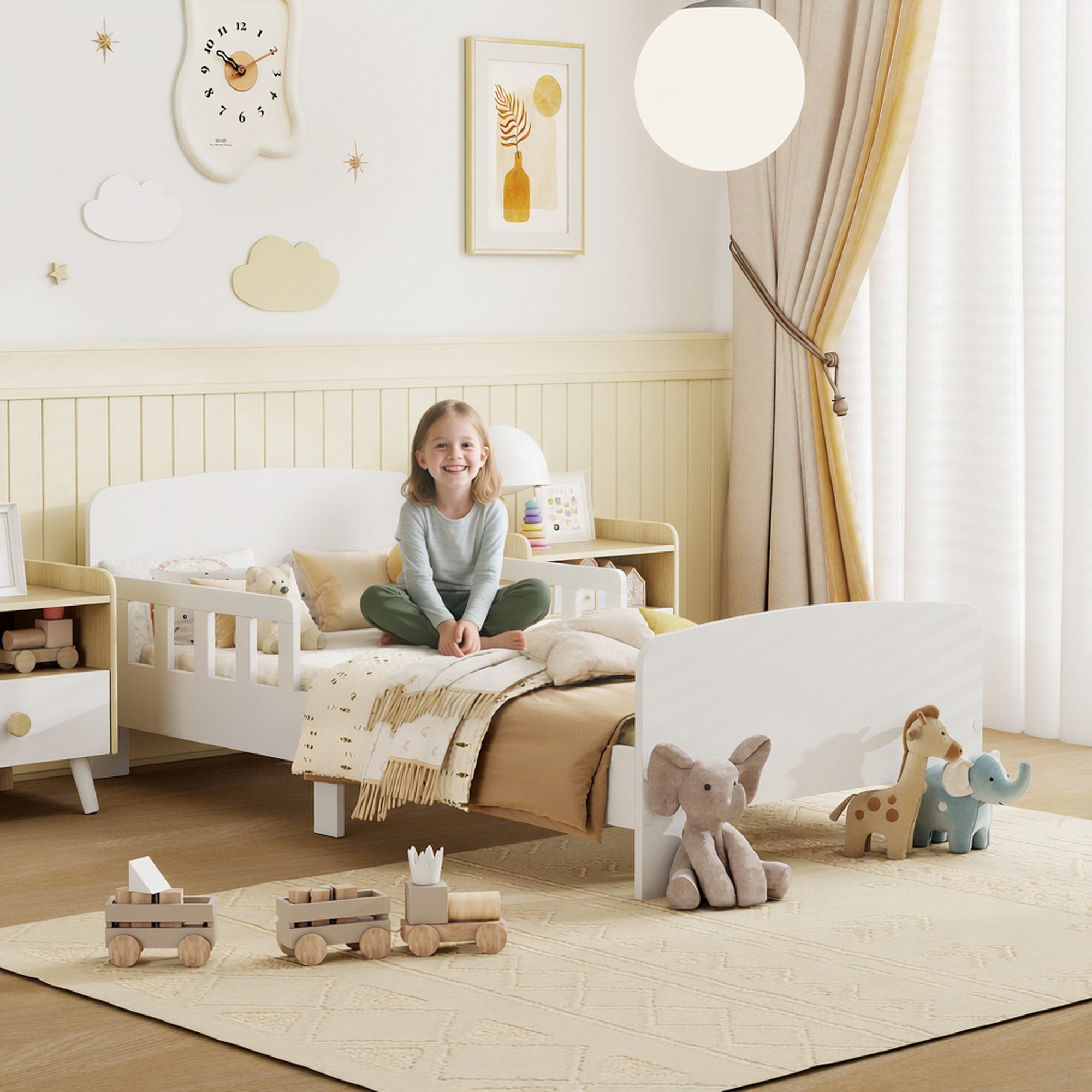 AIYAPLAY Kinderbett Kinderbett, Kleinkindbett mit Rausfallschutz, Lattenrost (Kleinkindbett, 1-tlg., 143,5 x 74,2 cm Einzelbett), für Mädchen und Jungen 3–8 Jahre, Weiß