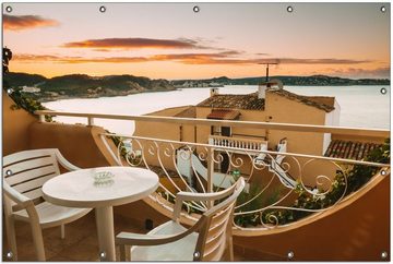 Wallario Sichtschutzzaunmatten Sommer in Spanien - Ausblick von einer schönen Terrasse auf das Meer, rund