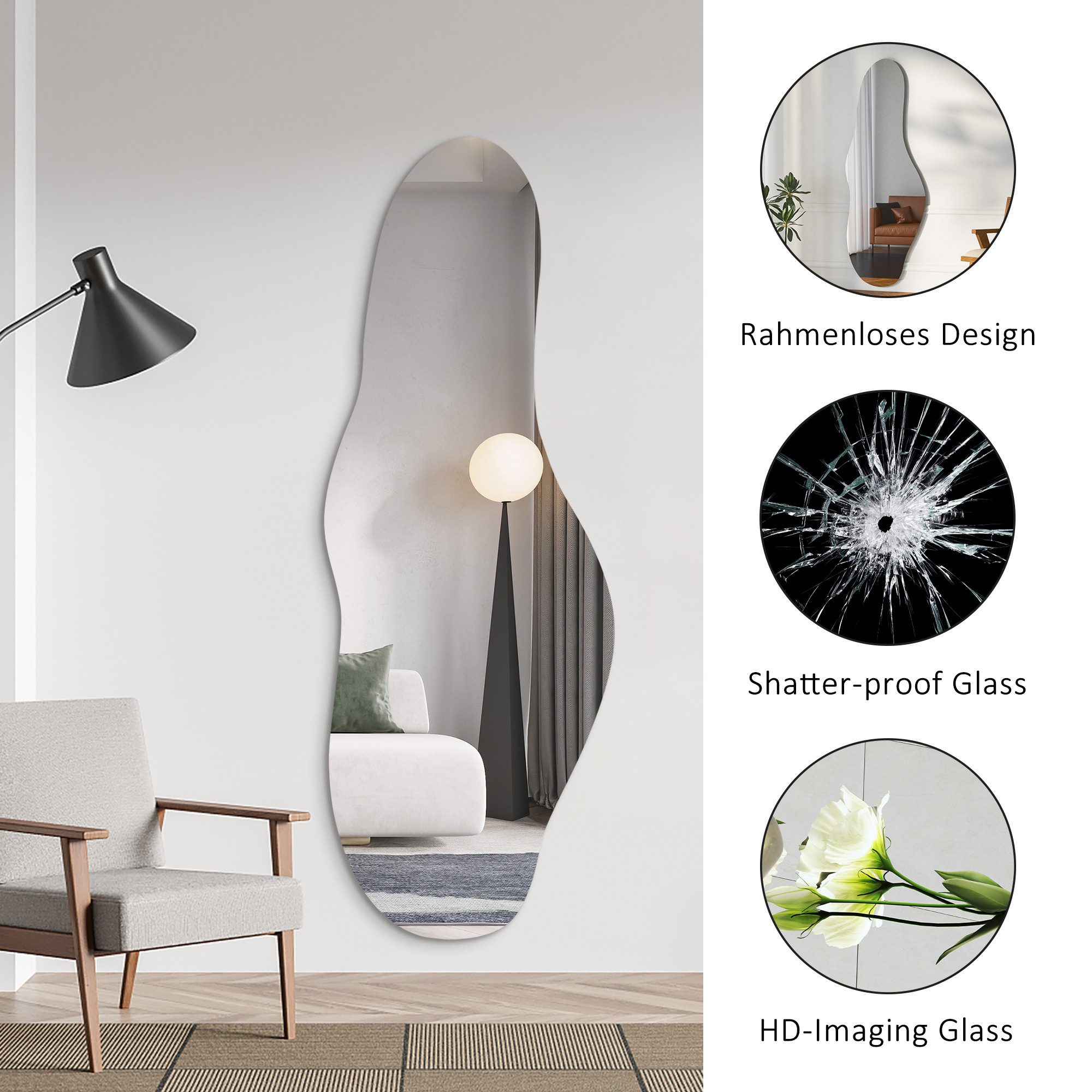 Boromal Spiegel gross Wandspiegel Asymmetrisch Rahmenlos für Wohnzimmer Sch günstig online kaufen