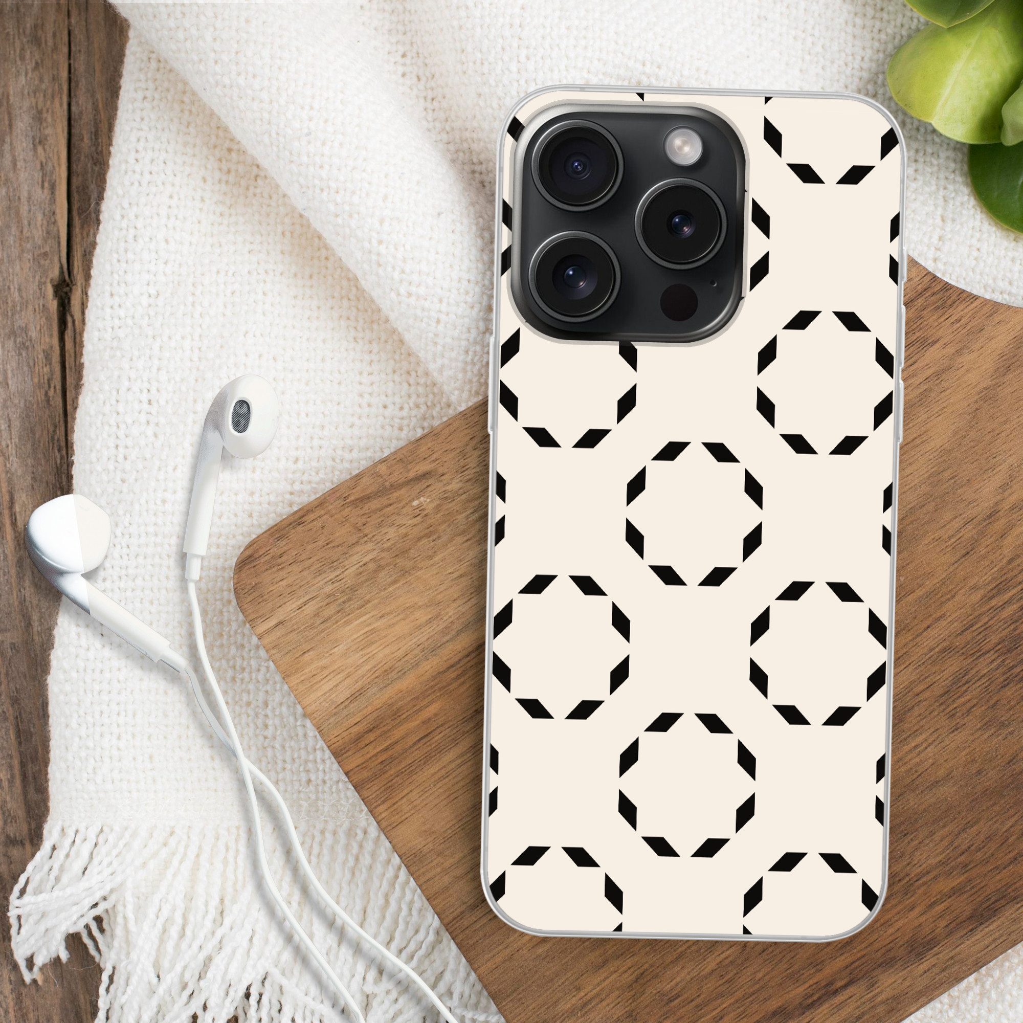 MuchoWow Handyhülle für Apple iPhone 15 Pro Kreise - Muster - Schwarz - Beige - Abstrakt, Smartphone-Bumper, Print, Handy Schutzhülle Dünn
