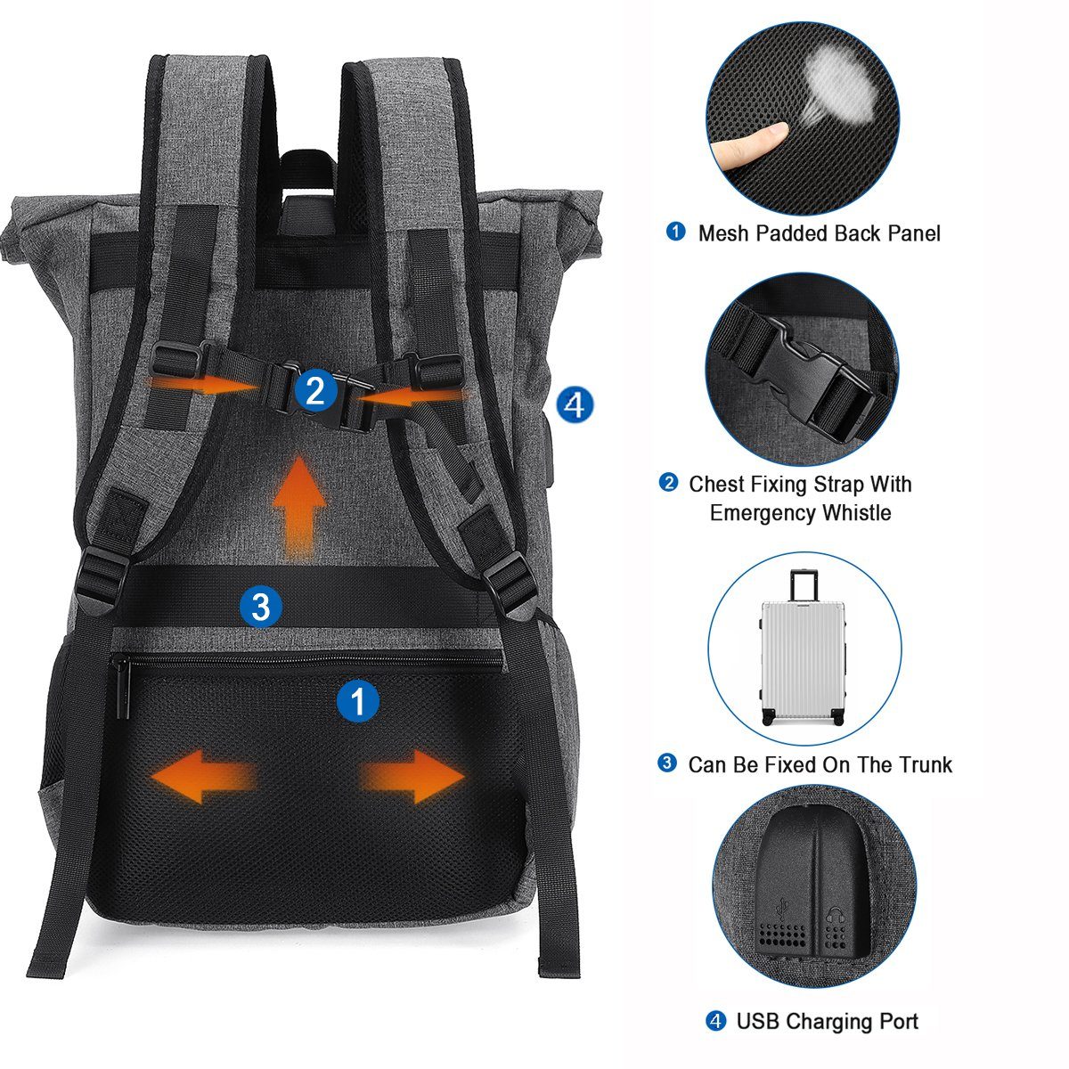 JOSEKO Freizeitrucksack Rolltop Rucksack Backpack Grau: Stilvoll & Flexibel!, modernes Rolltop Design, viele große Taschen + Fächer