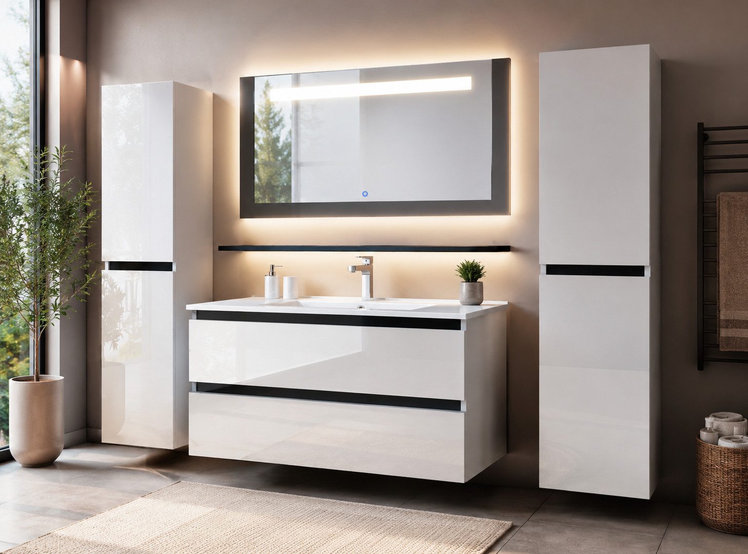 Homeline Badezimmer-Set Badmöbel Set 90 cm Weiß Kaiser Mit Danny Spiegel schwarz Led, (Badmöbel, 6-St., Badmöbel Set)