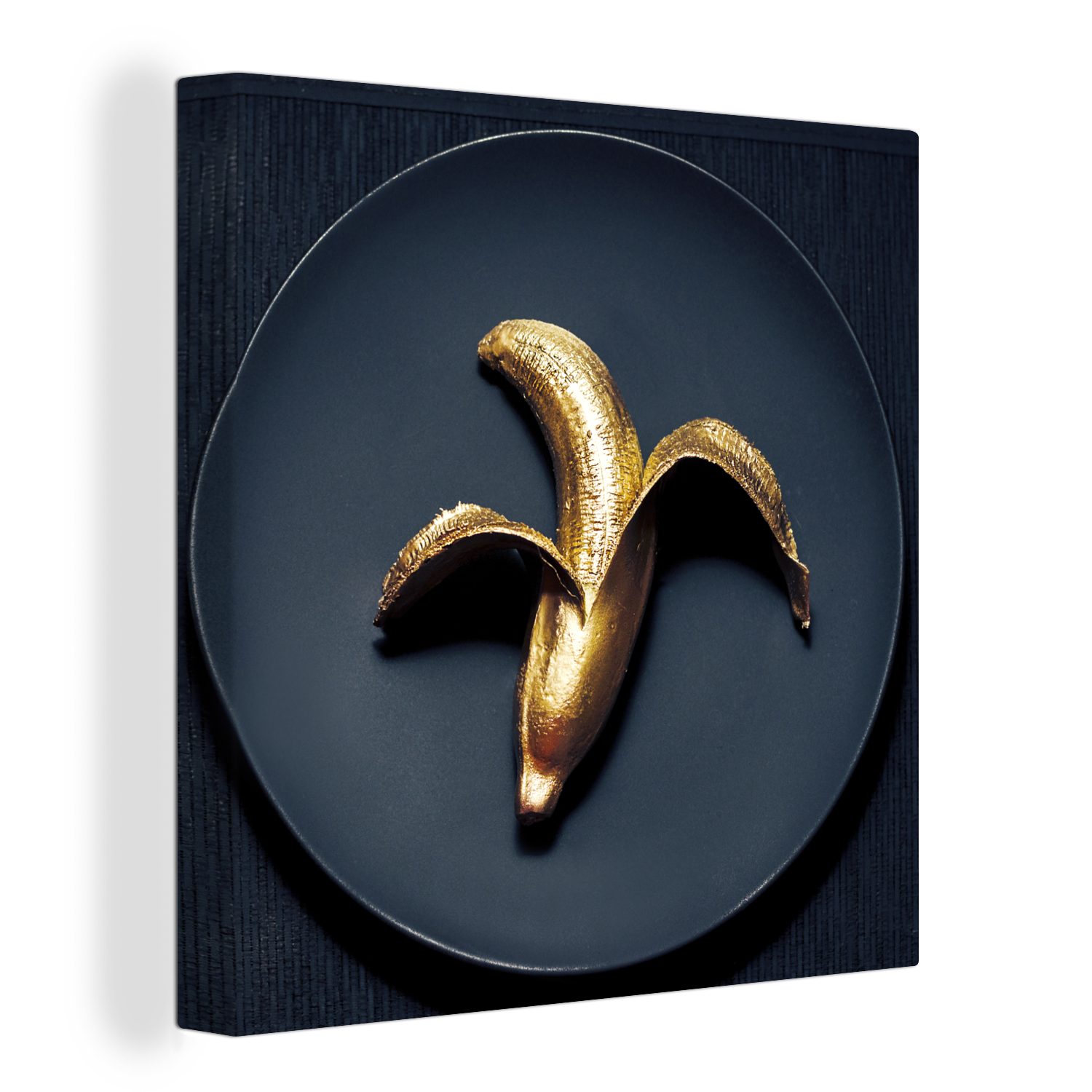 OneMillionCanvasses® Leinwandbild Goldene Banane auf dunklem Hintergrund, (1 St), Leinwand Bilder für Wohnzimmer Schlafzimmer bunt