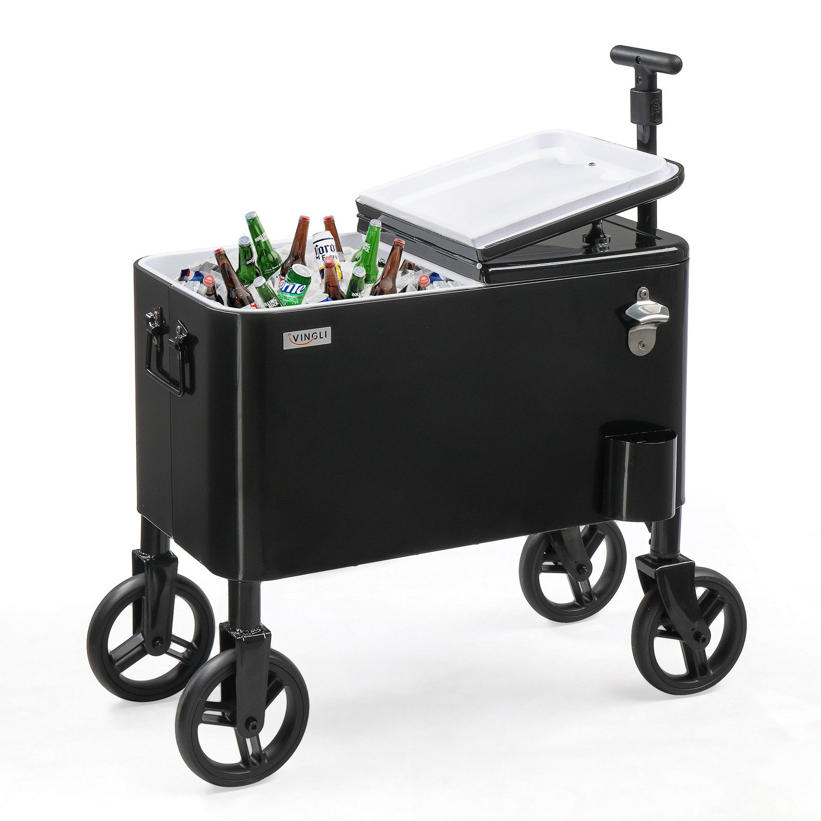 VINGLI Kühlbox 57L Servierwagen mit Rollen, Beistellwagen, Patio-Kühlwagen, mit langem Griff für Outdoor-Partys, 69 x 34,5 x 82 cm, Schwarz