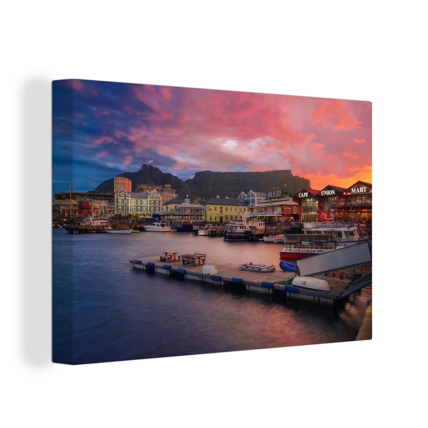 OneMillionCanvasses® Leinwandbild Feuriger Sonnenuntergang hinter dem Tafelberg und über Kapstadt, (1 St), Wandbild Leinwandbilder, Aufhängefertig, Wanddeko, 30x20 cm