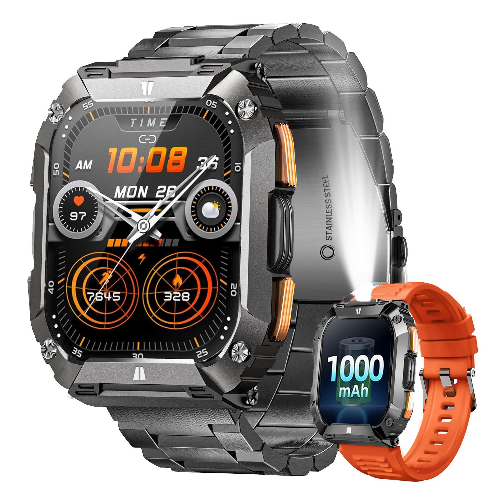 Fanttik Smartwatch Herren Militär mit 1000mAh Akku/LED Taschenlampen, Smartwatch (4.95 cm/2,01 Zoll) Outdoor Smartwatch mit Telefonfunktion,Wasserdicht Fitnessuhr, 100+ Sportmodi, Pulsmesser/Schlafmonitor/Android und iOS
