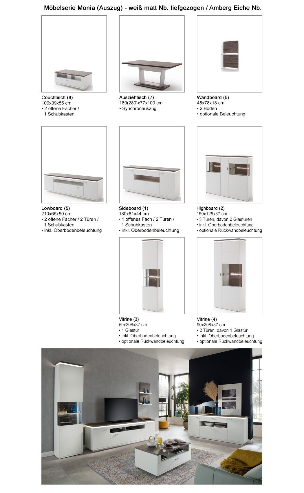 montiert, weiß Amberg expendio Wohnzimmer-Set Eiche Monia 4x (Spar-Set, + LED 8-St), Leder Zora Nb. Stuhl anthrazit 130, /