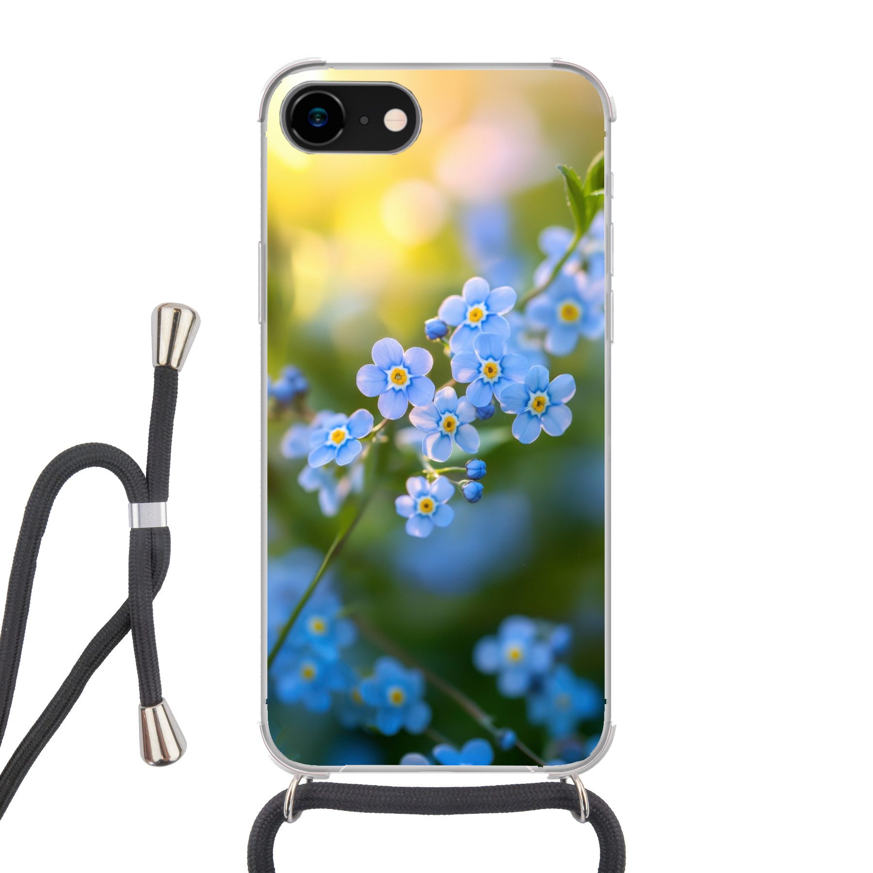 MuchoWow Handyhülle für Apple iPhone 7 Blumen - Blau - Vergissmeinnicht, Tragbare Handyhüllen mit Kette zum umhängen, Handykette Handyband