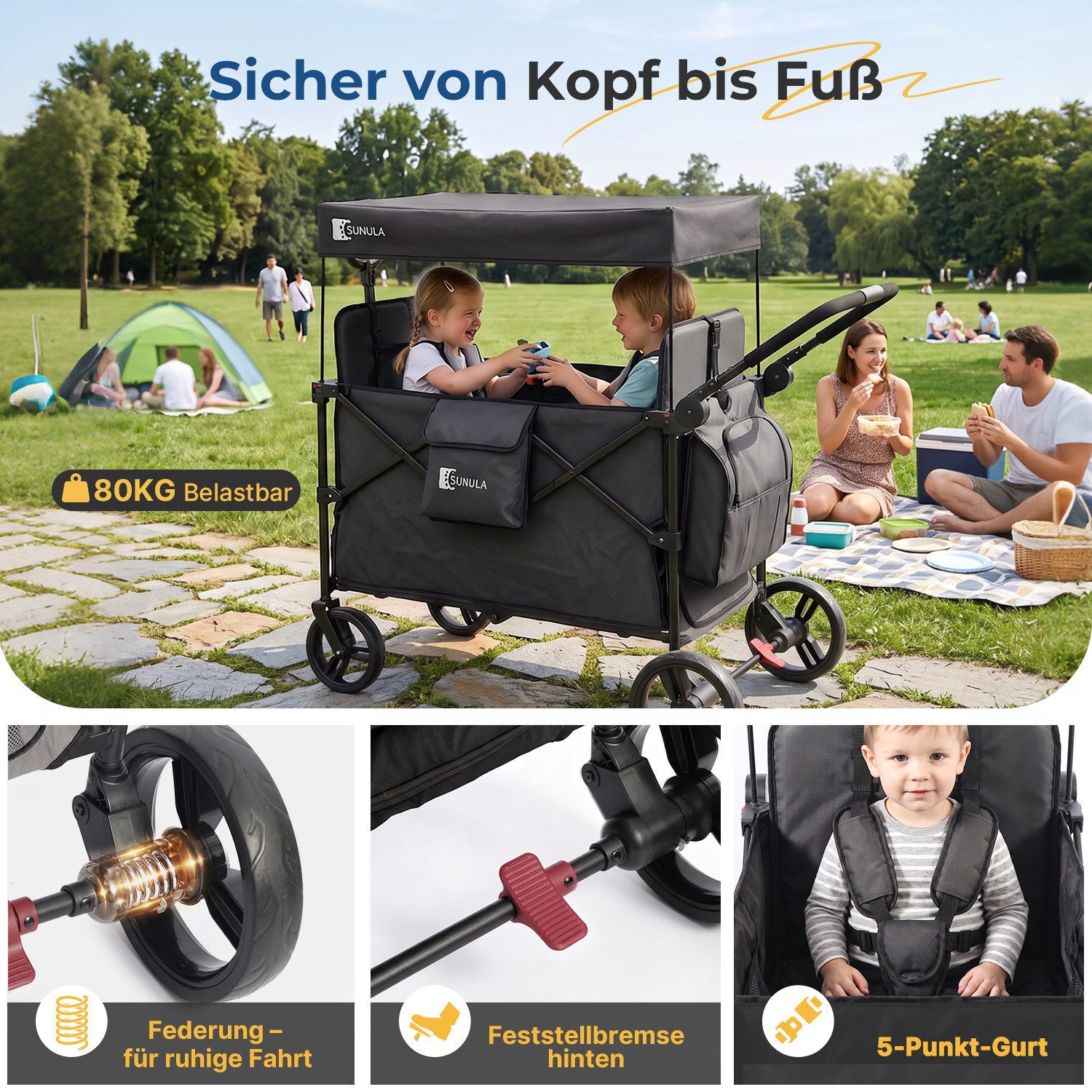 SUNULA Bollerwagen Kinder Bollerwagen für 2 Kinder mit Dach, Schiebe- und Zieh Funktion, Faltbar Kinderwagen mit XXL-Rädern (25/20 cm) und 5-Punkt-Gurtsystem – Bild 4 von 5