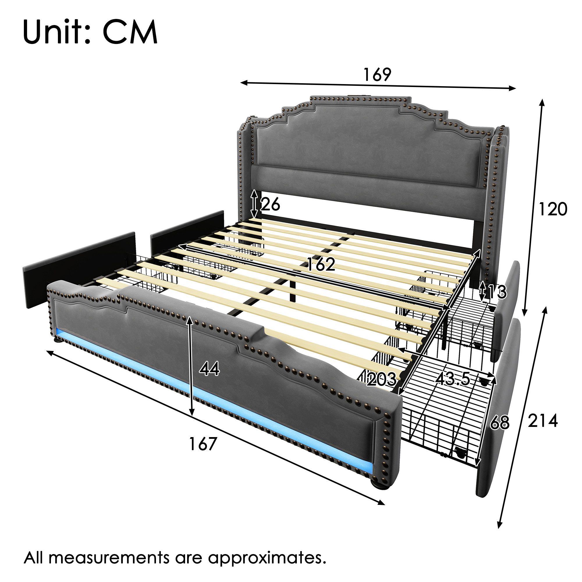Celya Polsterbett Doppelbett mit 4 Schubladen, LED-Beleuchtung und USB-C-Ladeanschluss (Samt, ohne Matratze), 160×200cm, Stauraumbett und Jugendbett mit Lattenr – Bild 2 von 5