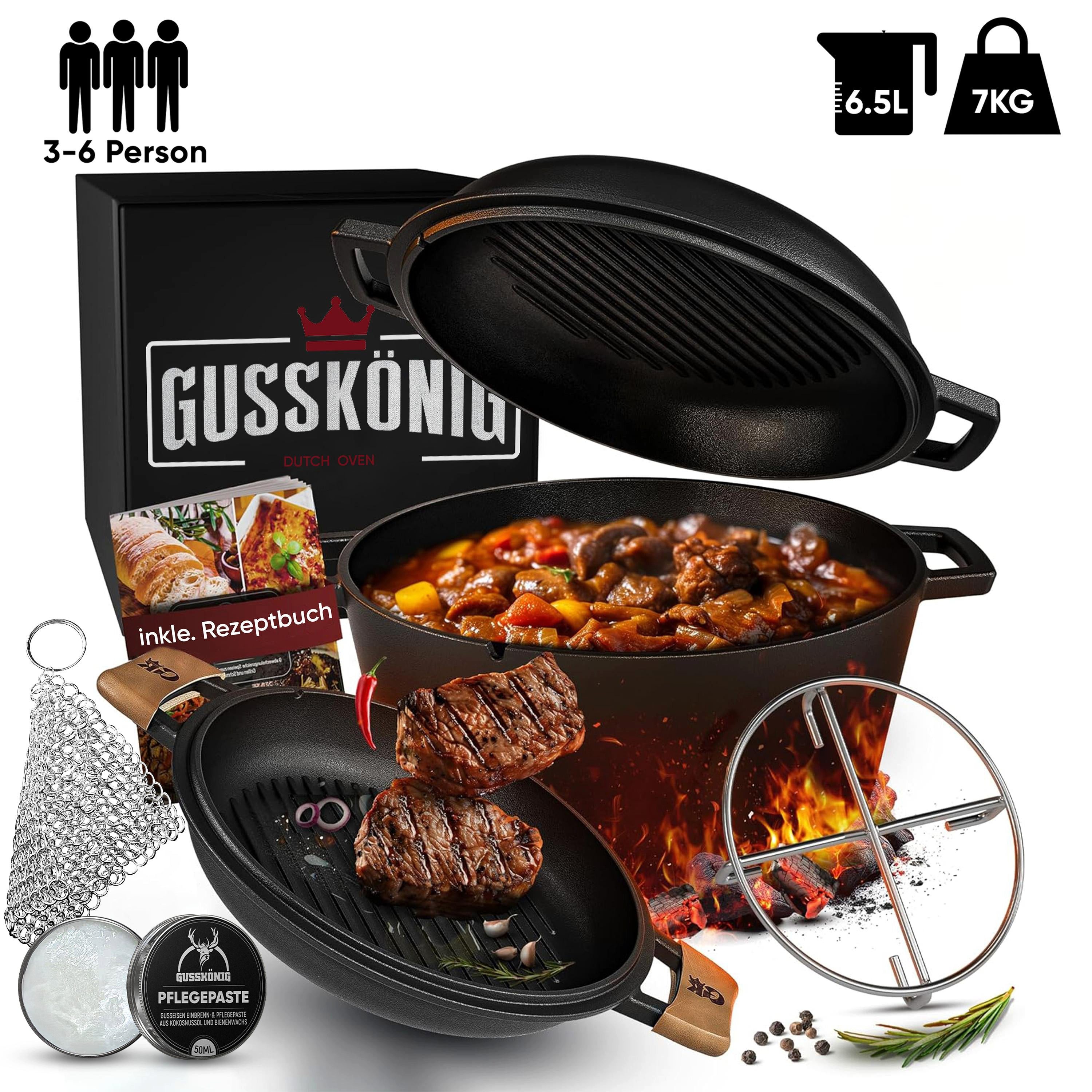 GUSSKÖNIG Schmortopf GUSSKÖNIG Dutch Oven 2in1 Topf Set 6,5L + Pflegepaste