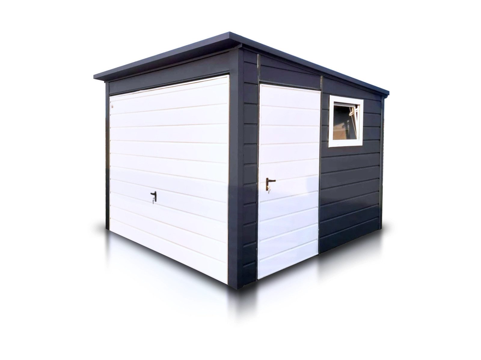 LiderStal Garage Gerätehaus aus Blech 300 x 300 cm Anthrazit Pultdach Schwingtor (Set), Pultdach, Schwingtor, Seitentür und Fenster